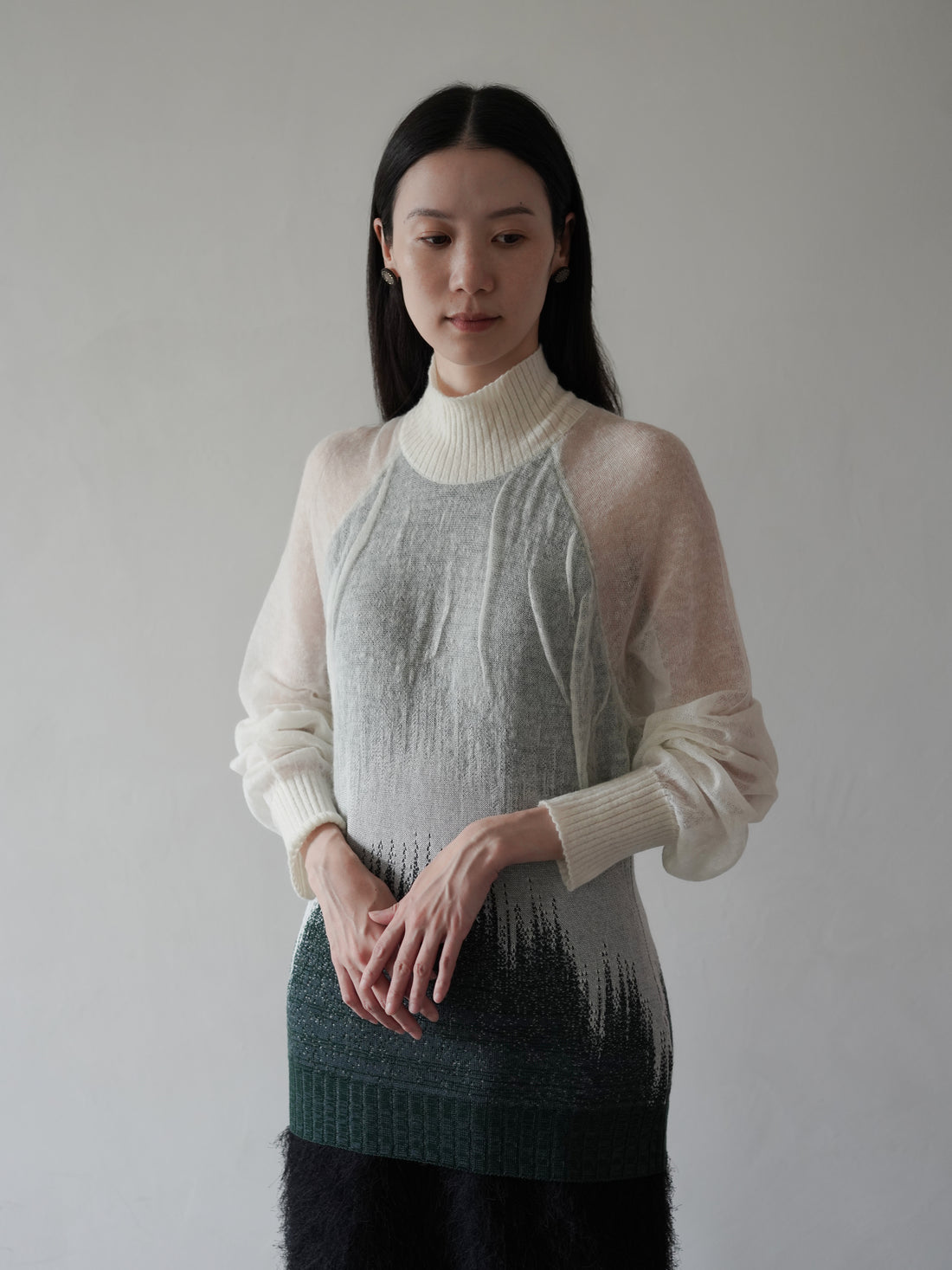 Sheer Jacquard High Neck Knit Top・Green