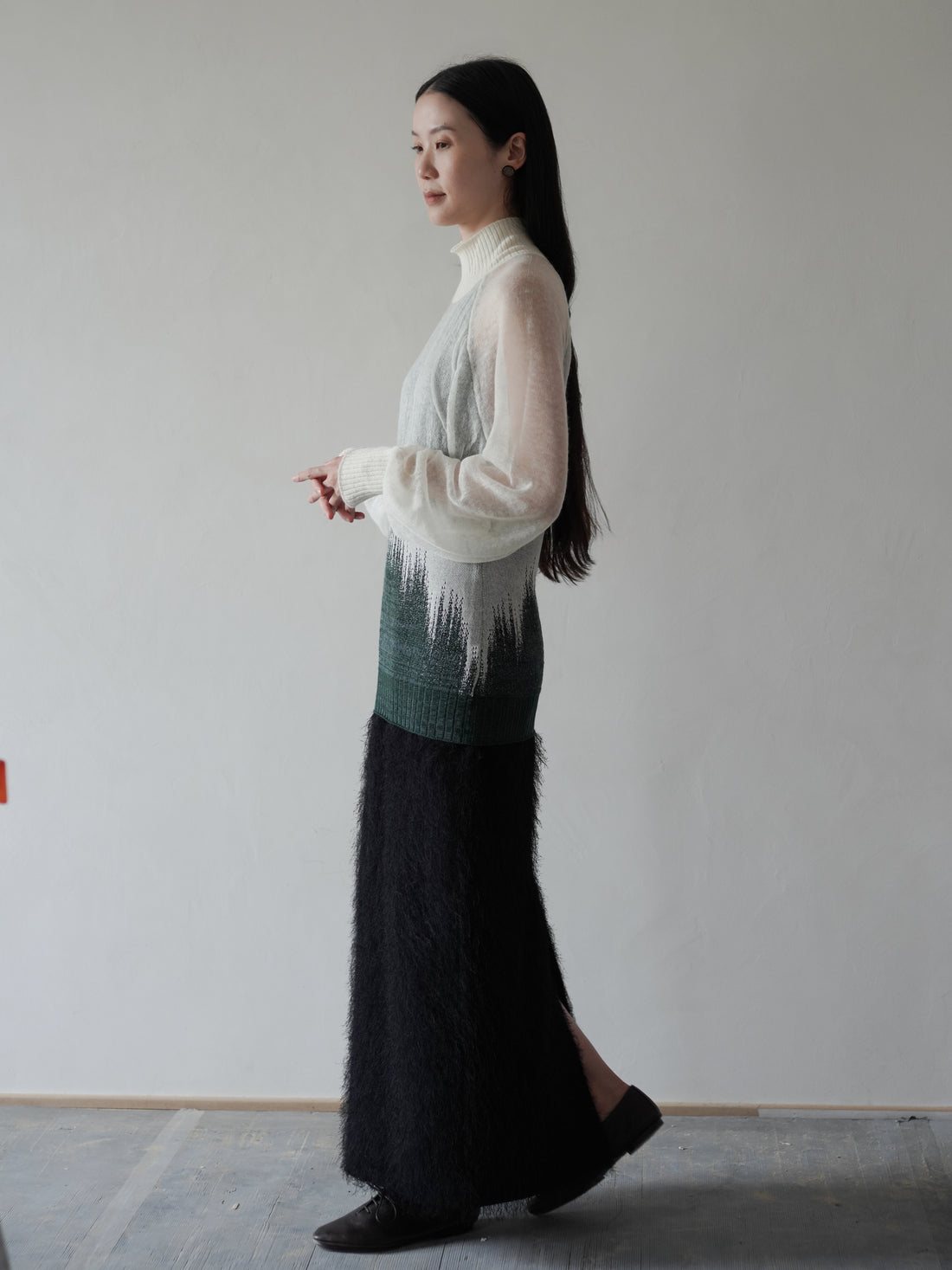 Sheer Jacquard High Neck Knit Top・Green