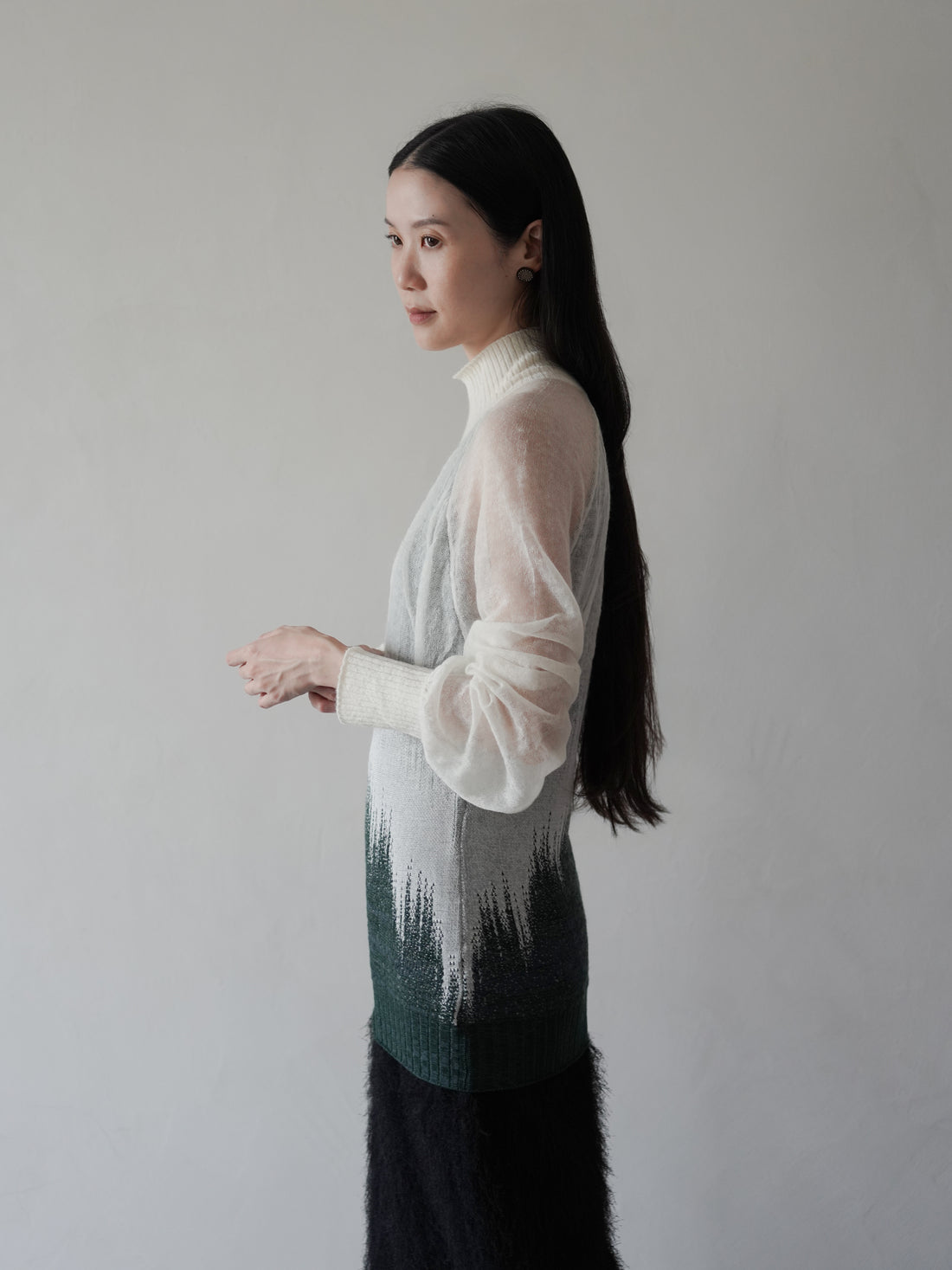 Sheer Jacquard High Neck Knit Top・Green