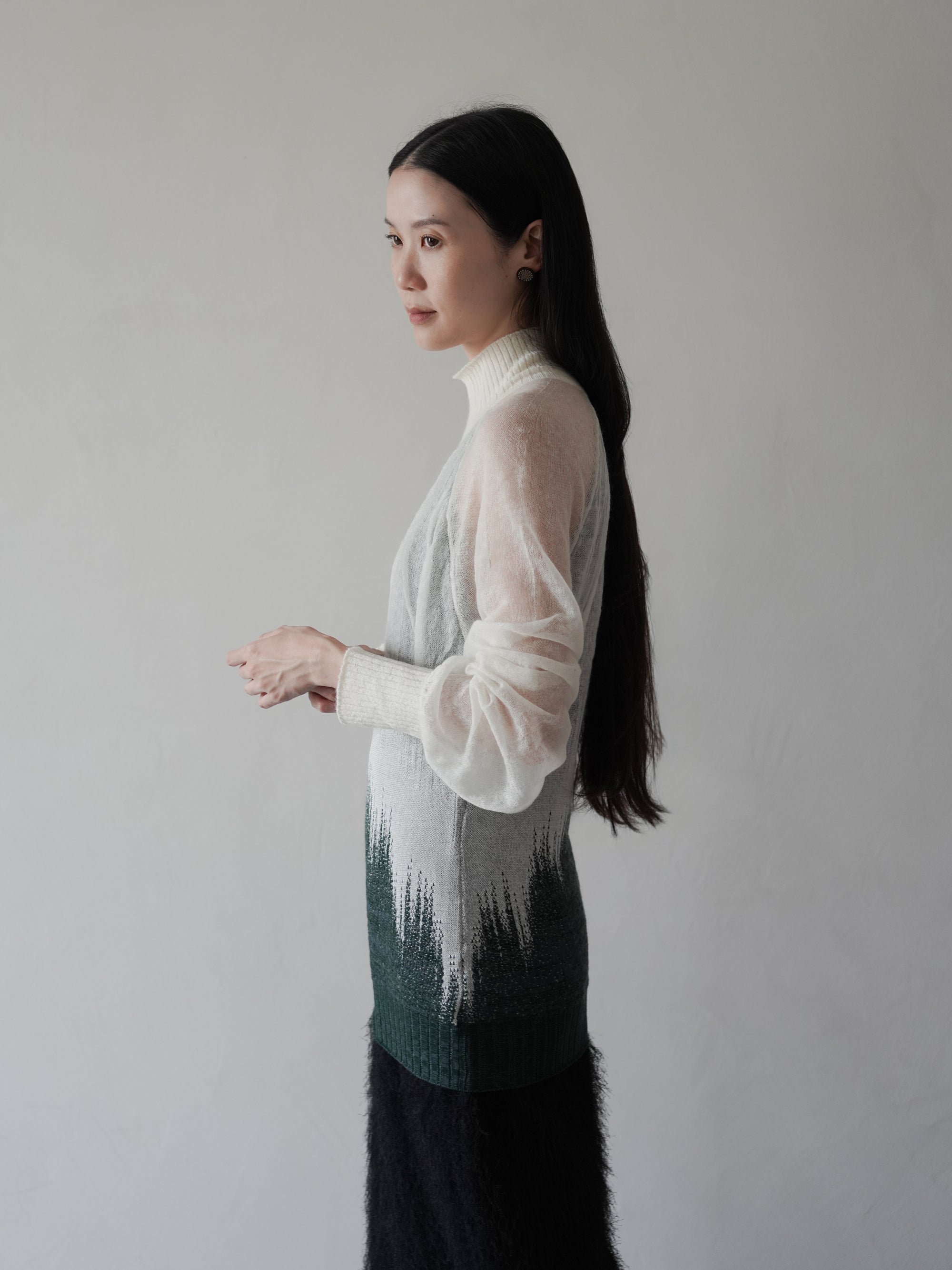 Sheer Jacquard High Neck Knit Top・Green