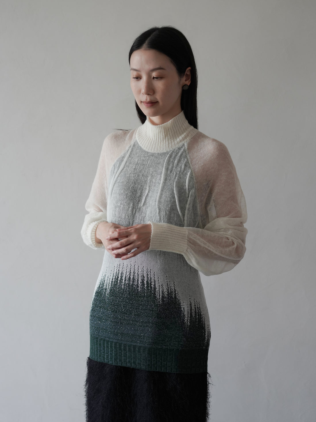 Sheer Jacquard High Neck Knit Top・Green