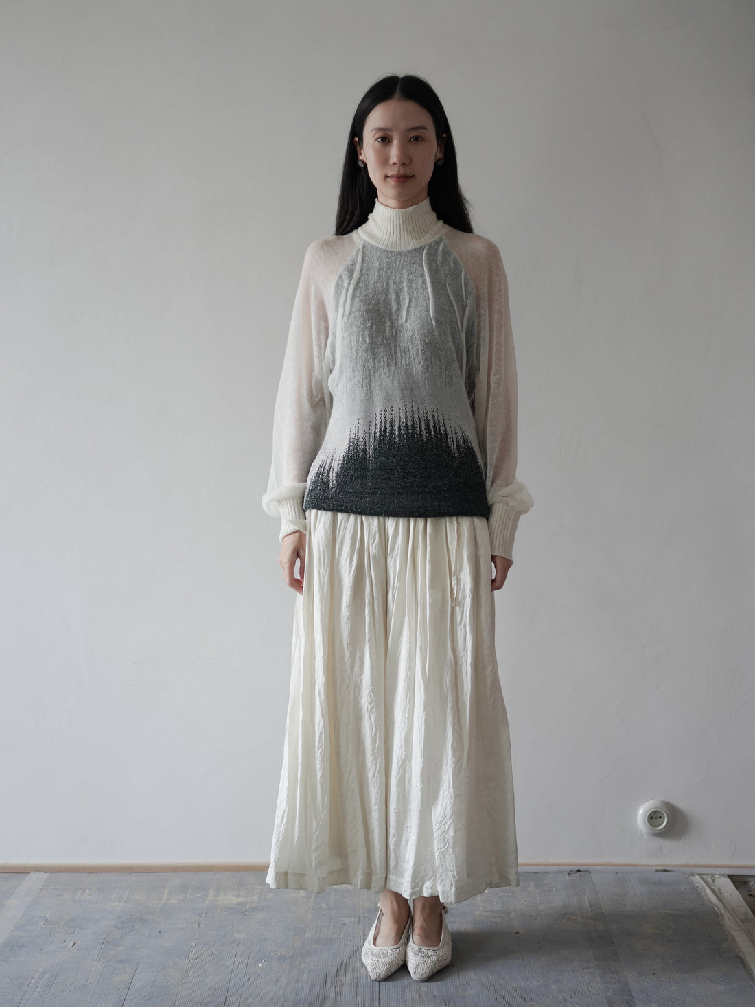 Sheer Jacquard High Neck Knit Top・Green