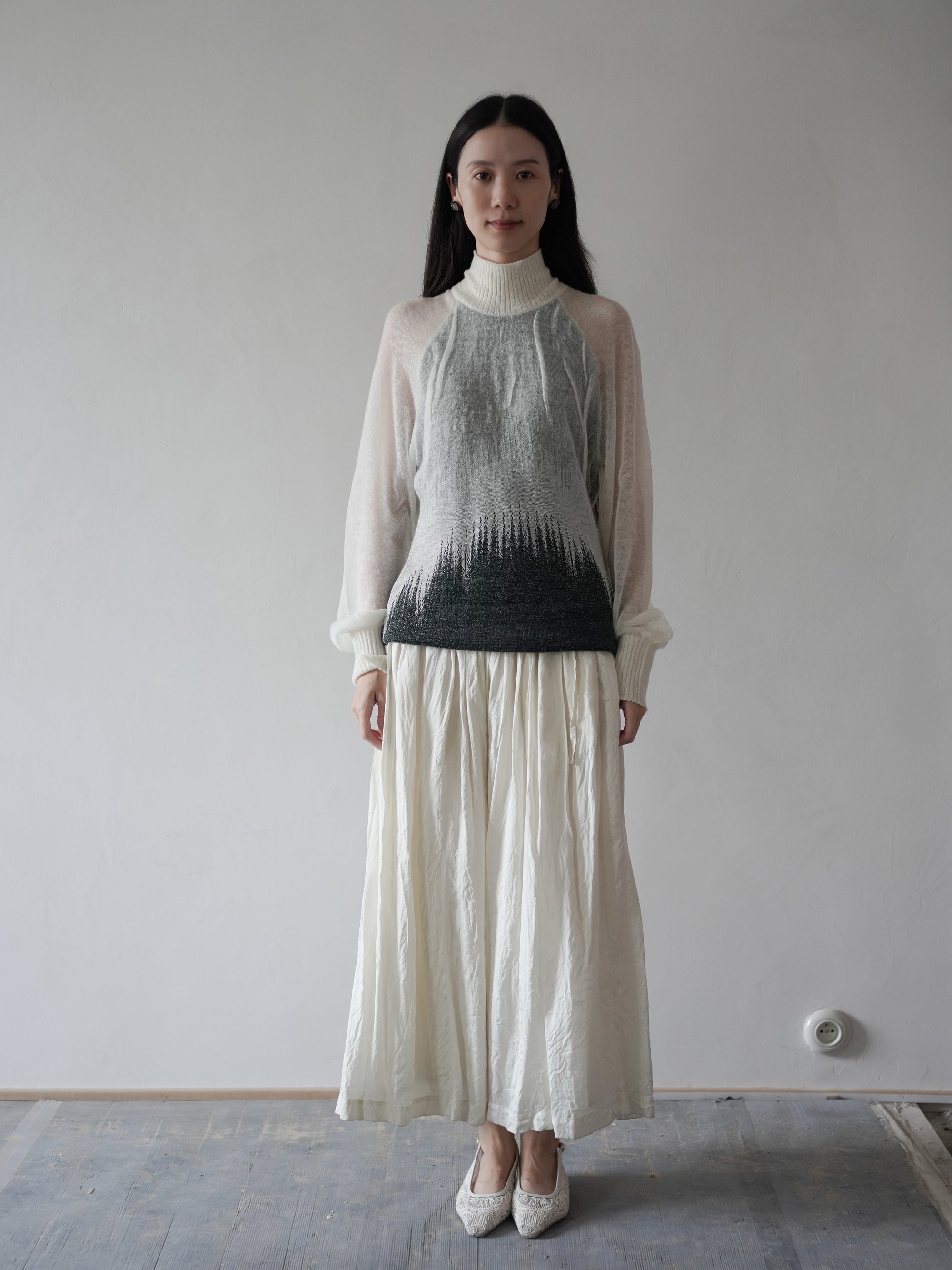 Sheer Jacquard High Neck Knit Top・Green