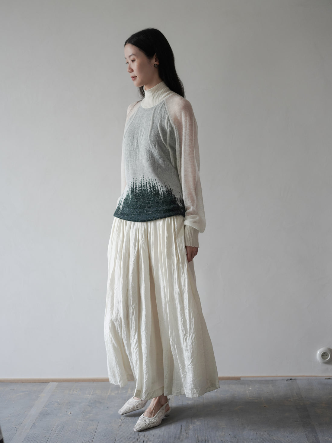 Sheer Jacquard High Neck Knit Top・Green