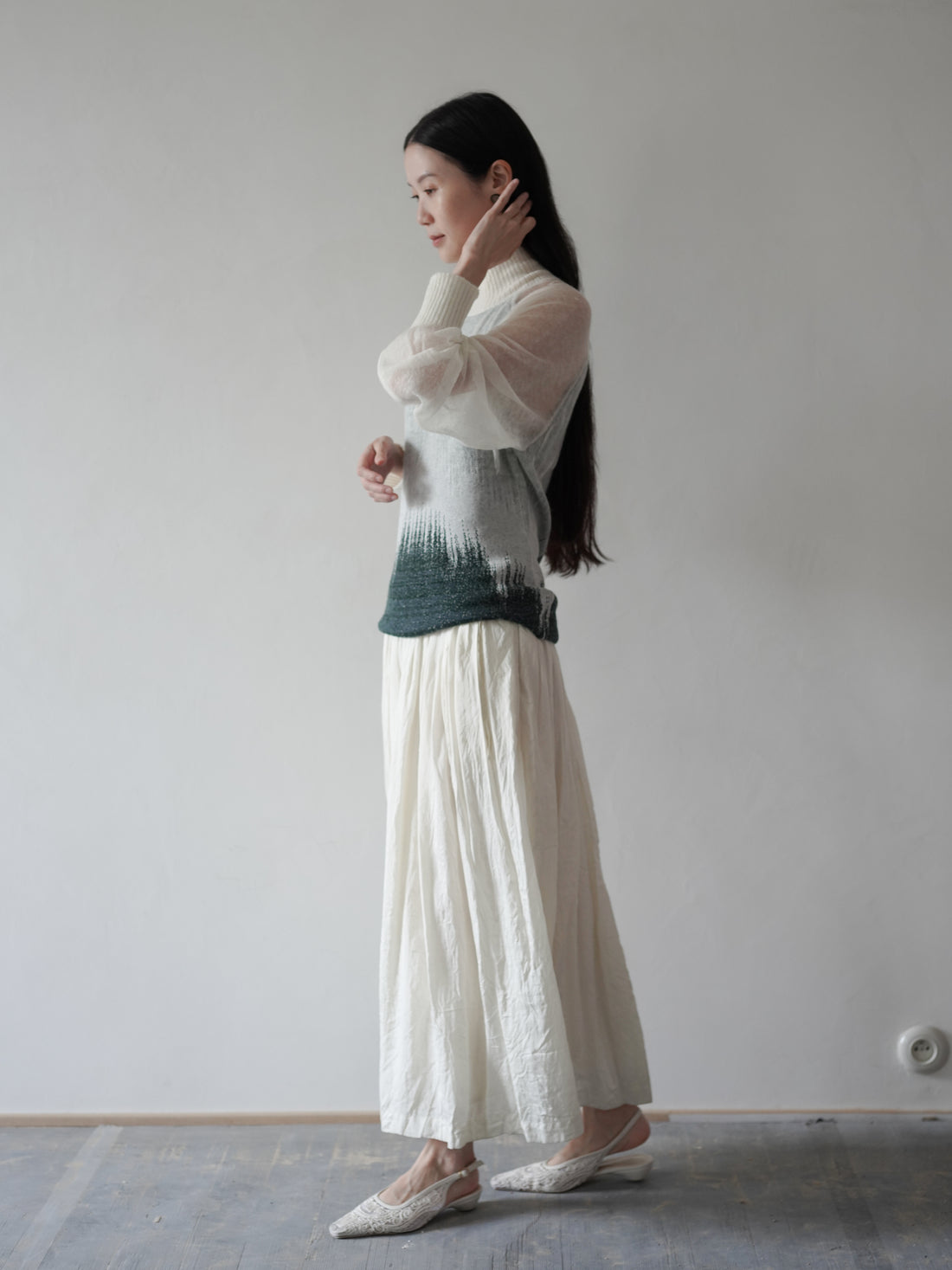 Sheer Jacquard High Neck Knit Top・Green