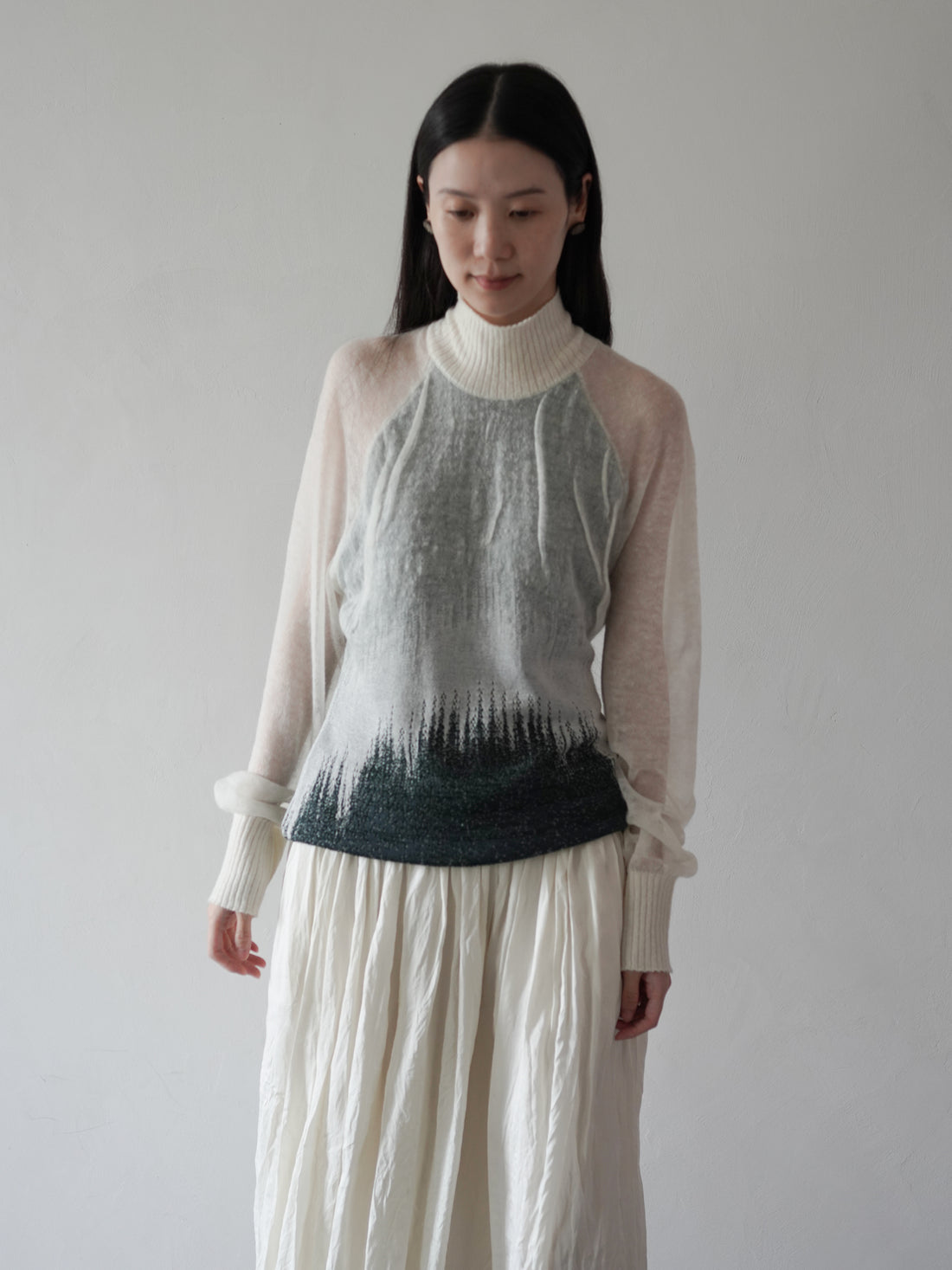 Sheer Jacquard High Neck Knit Top・Green
