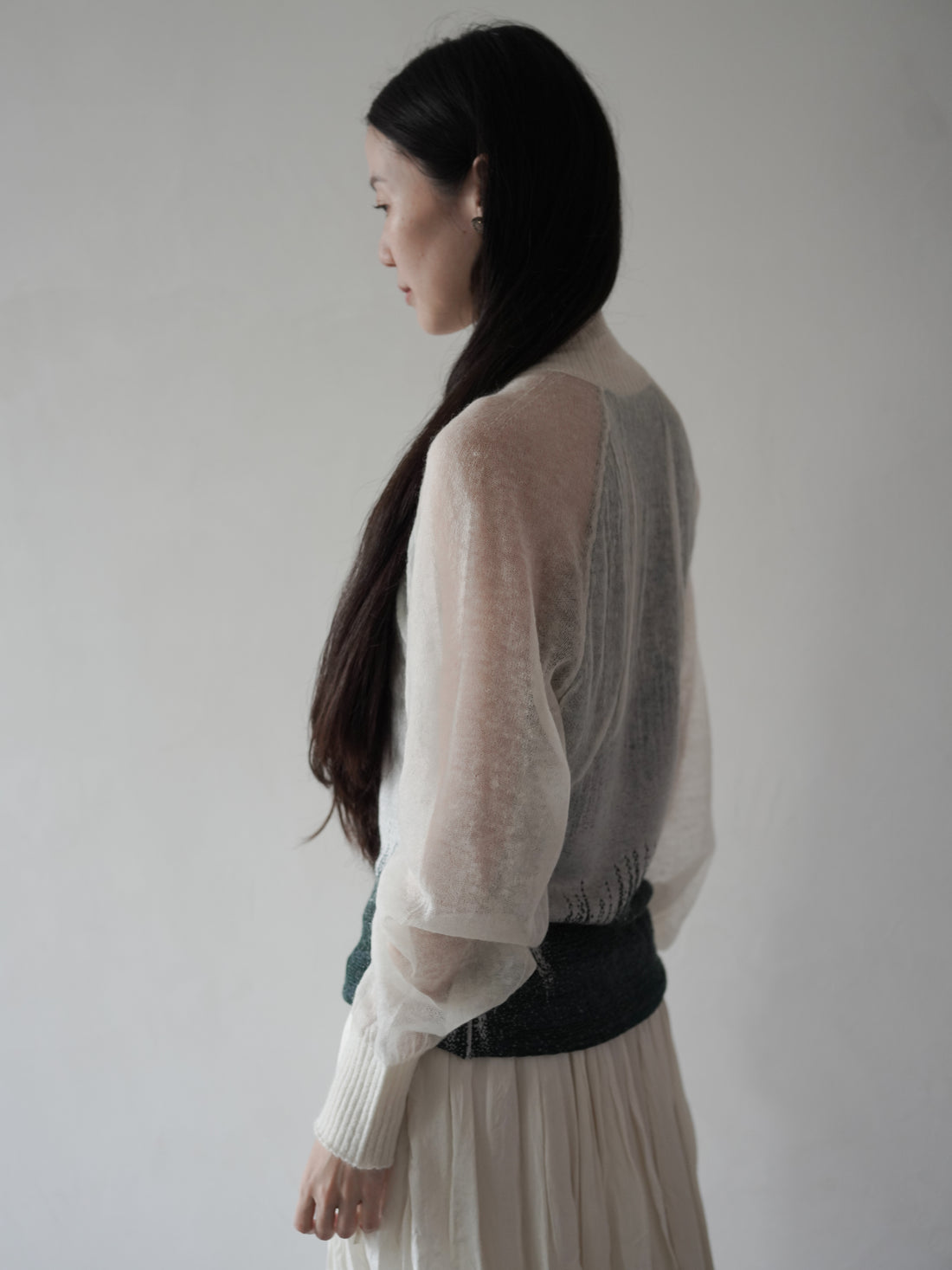 Sheer Jacquard High Neck Knit Top・Green