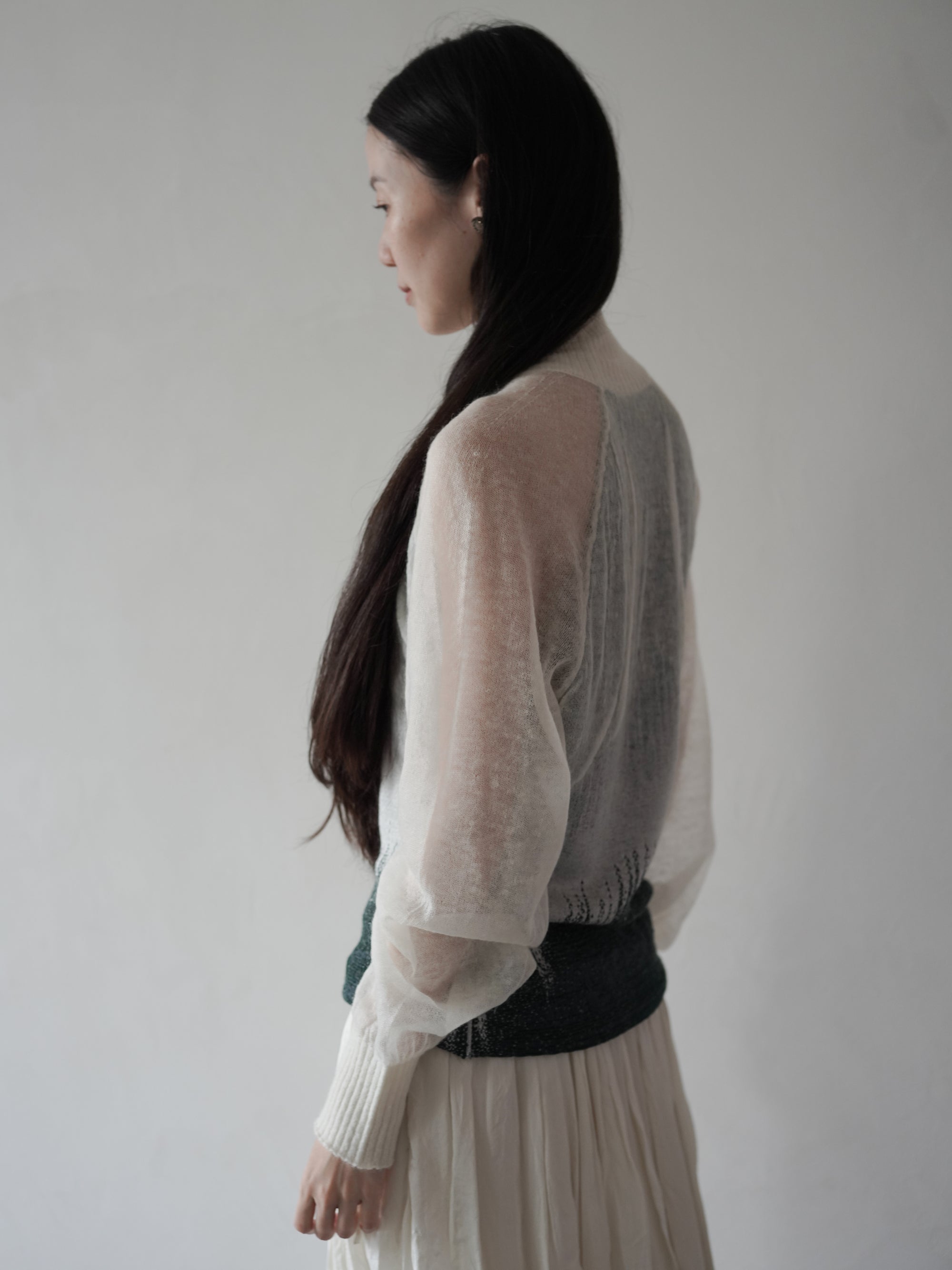 Sheer Jacquard High Neck Knit Top・Green