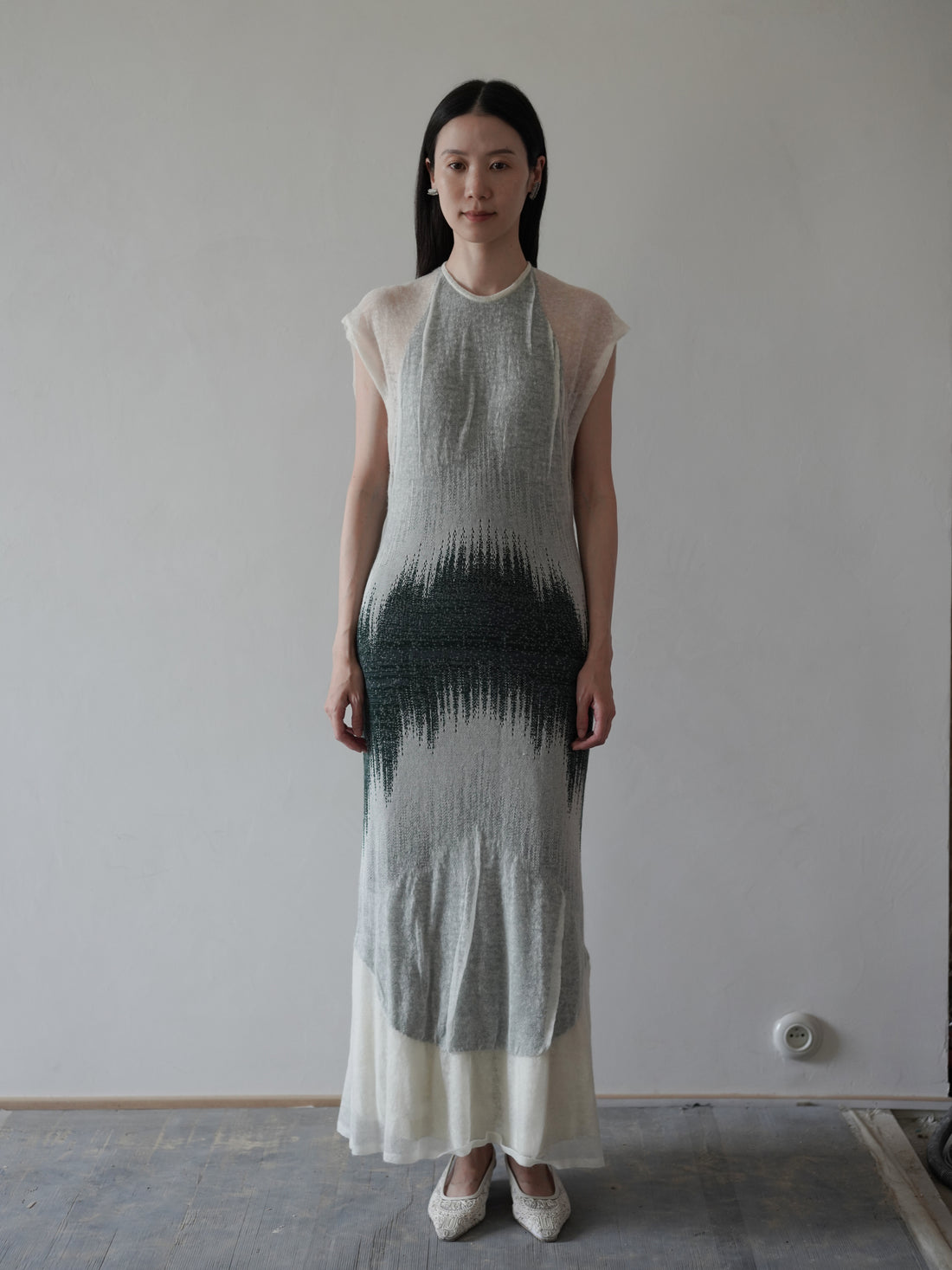 Sheer Jacquard Knit Dress・Green