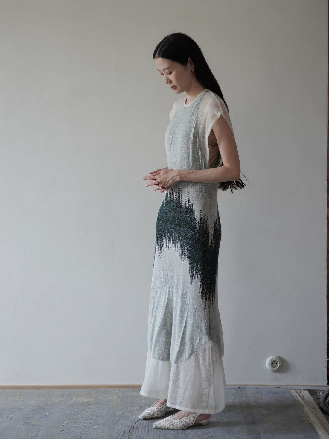 Sheer Jacquard Knit Dress・Green