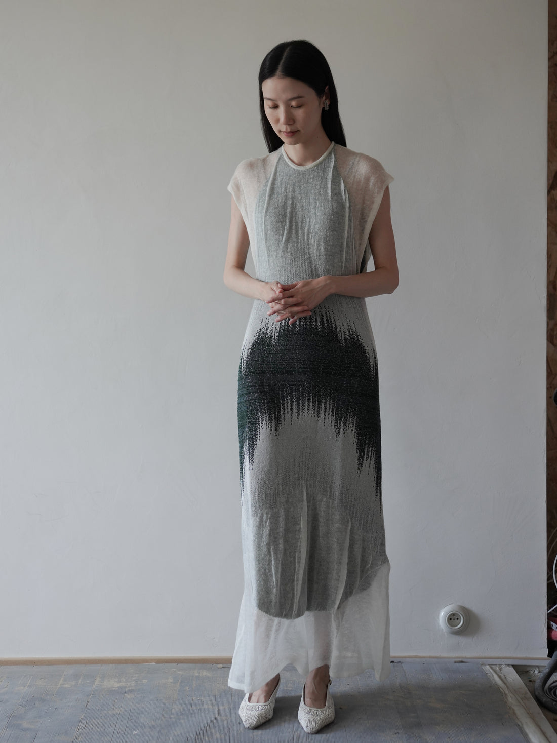 Sheer Jacquard Knit Dress・Green
