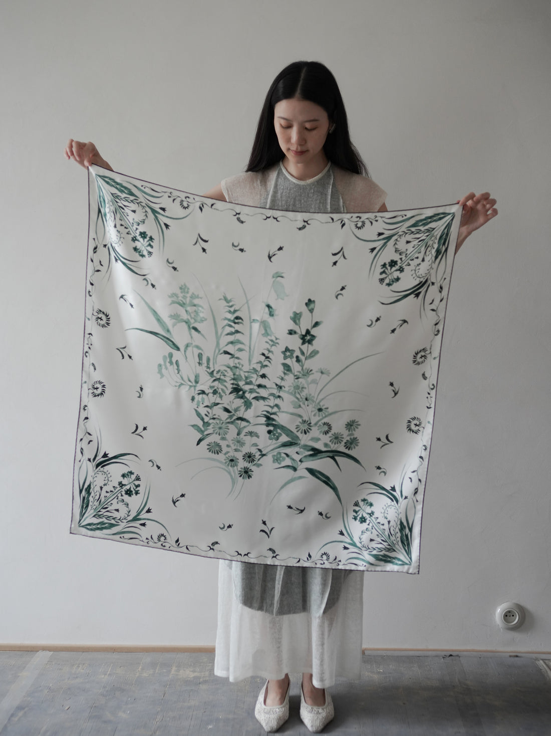 Hand Printed Silk Scarf・Green