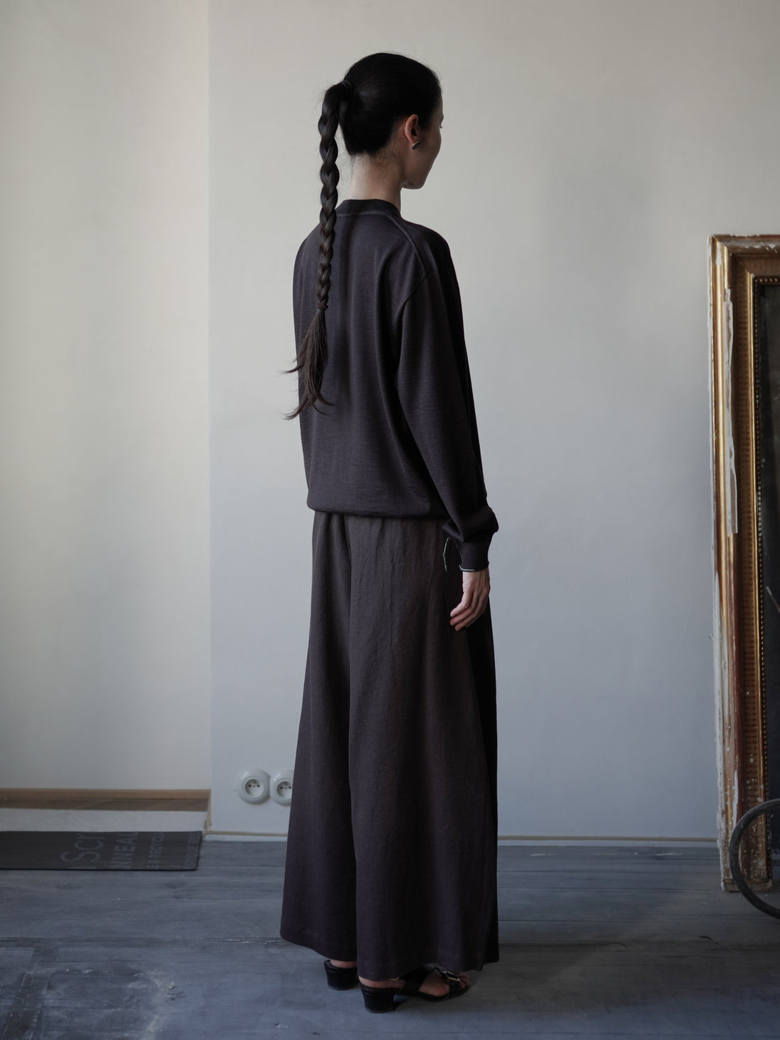 Mona 亞麻羊毛寬腿褲・勃根地棕