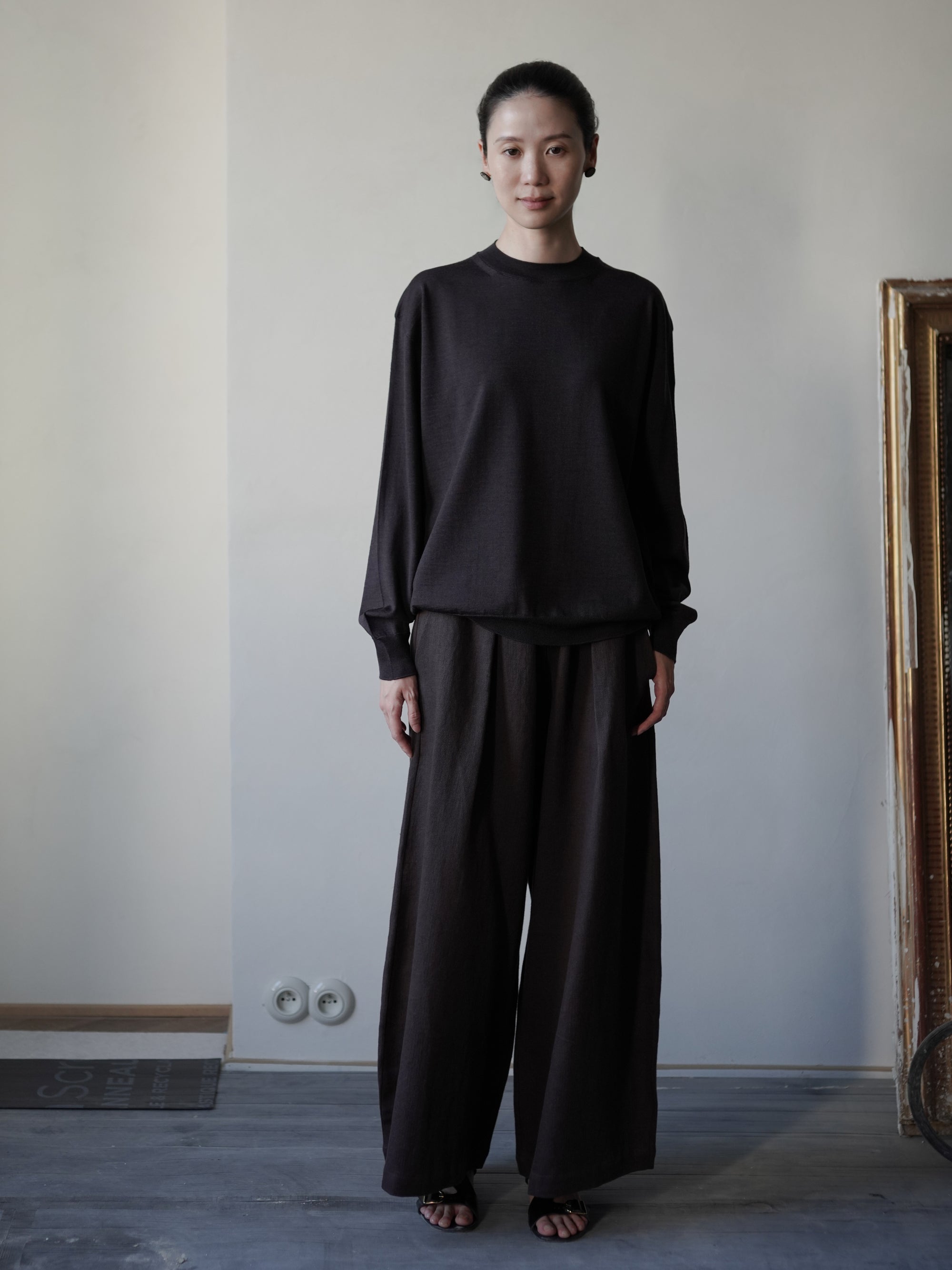 Mona 亞麻羊毛寬腿褲・勃根地棕