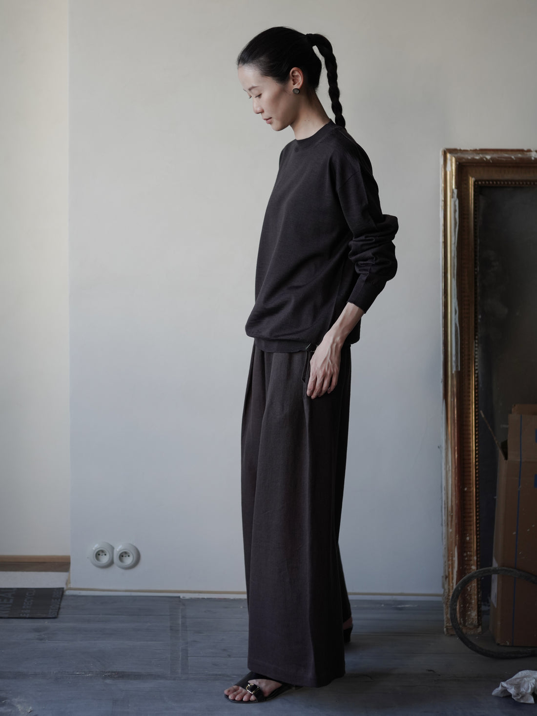 Mona 亞麻羊毛寬腿褲・勃根地棕
