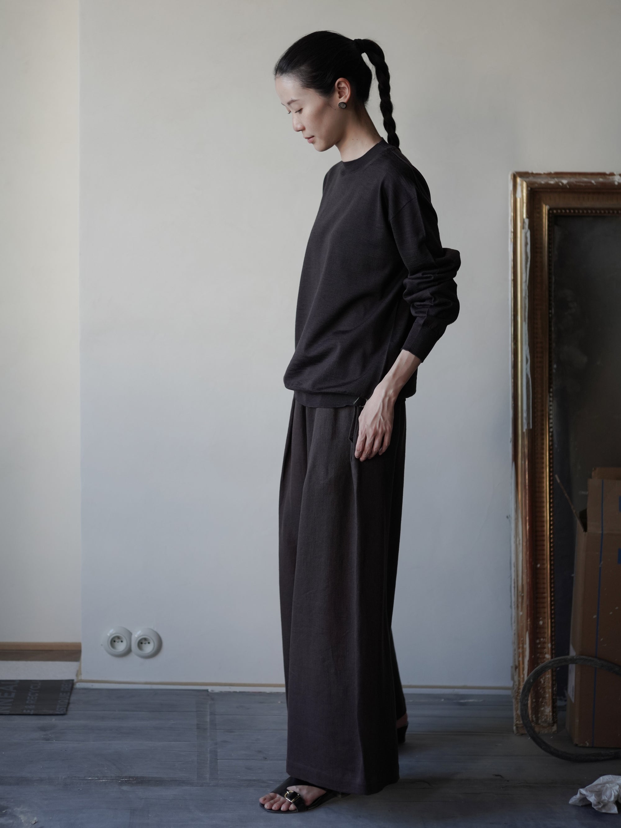 Mona 亞麻羊毛寬腿褲・勃根地棕