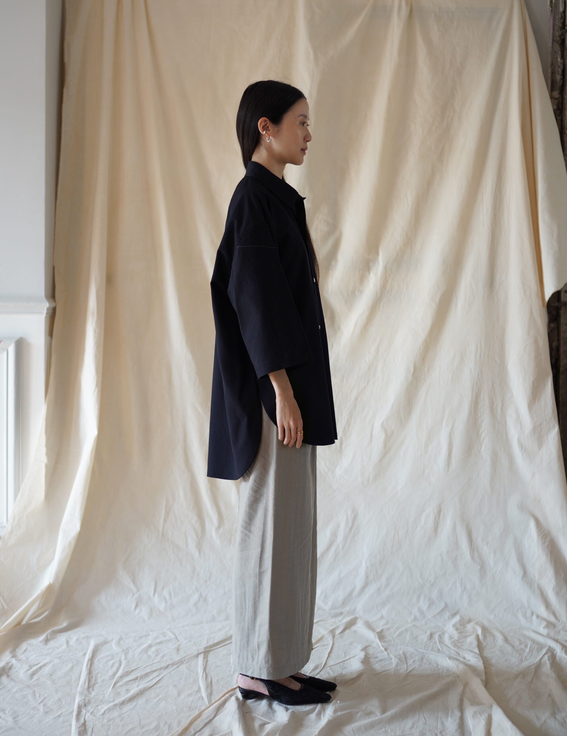 3/4 Sleeve Wool Shirt・Midnight