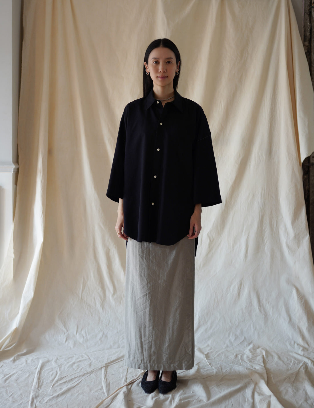 3/4 Sleeve Wool Shirt・Midnight