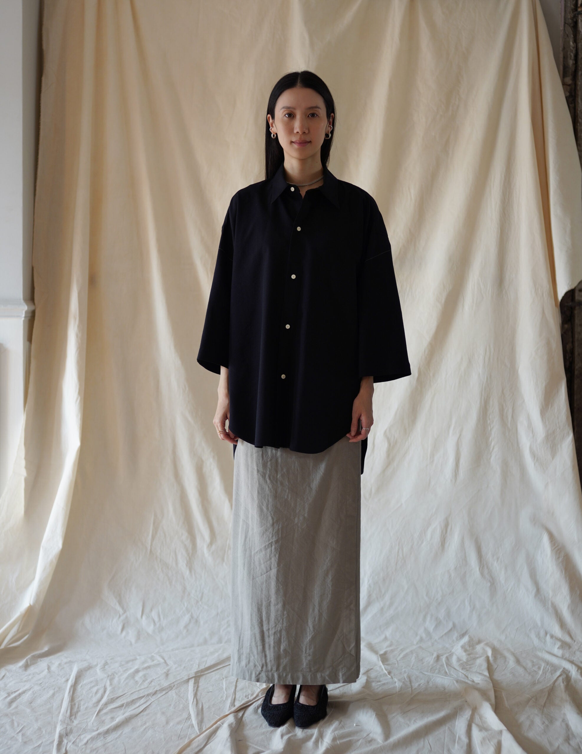 3/4 Sleeve Wool Shirt・Midnight