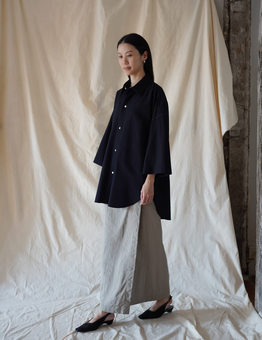 3/4 Sleeve Wool Shirt・Midnight