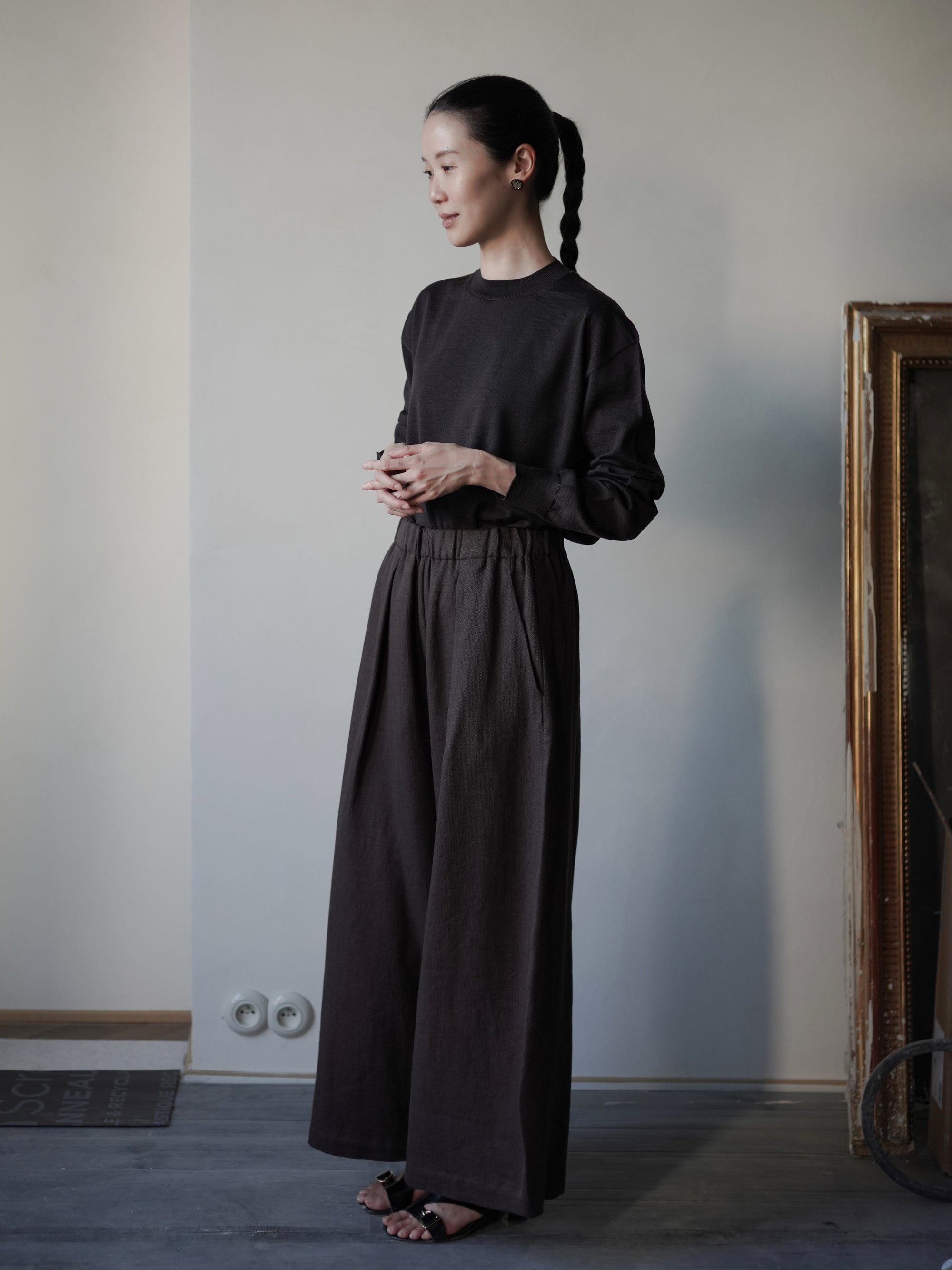 Mona 亞麻羊毛寬腿褲・勃根地棕