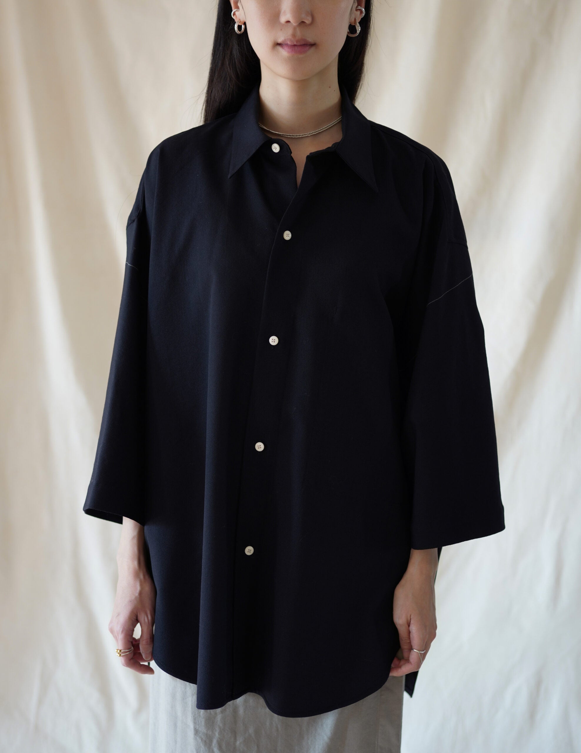 3/4 Sleeve Wool Shirt・Midnight