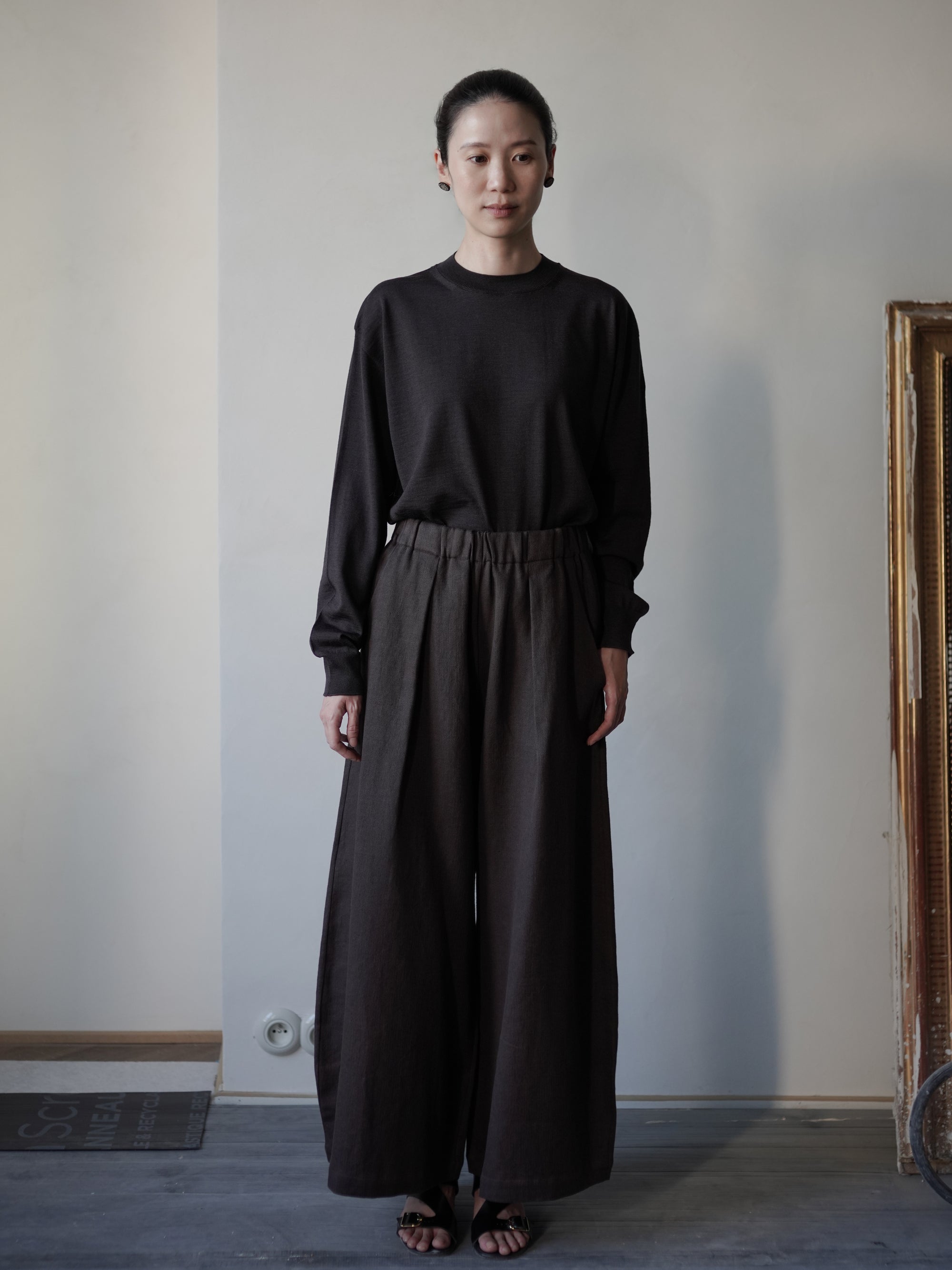 Mona 亞麻羊毛寬腿褲・勃根地棕