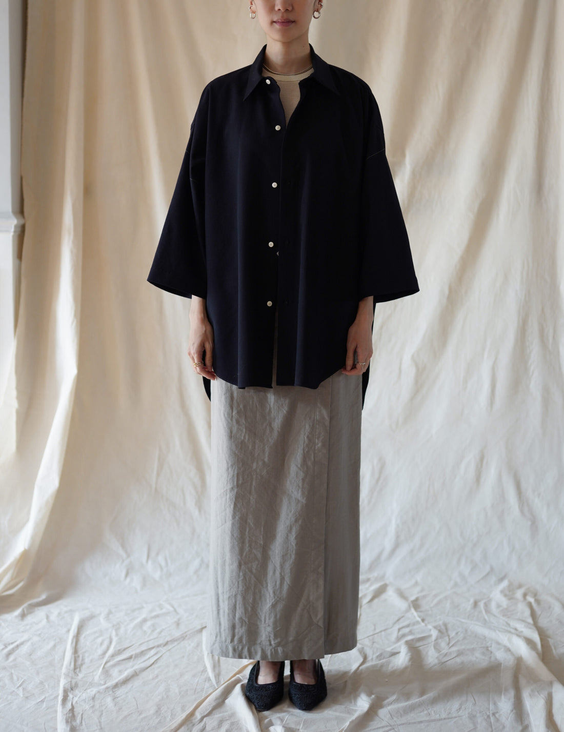 3/4 Sleeve Wool Shirt・Midnight