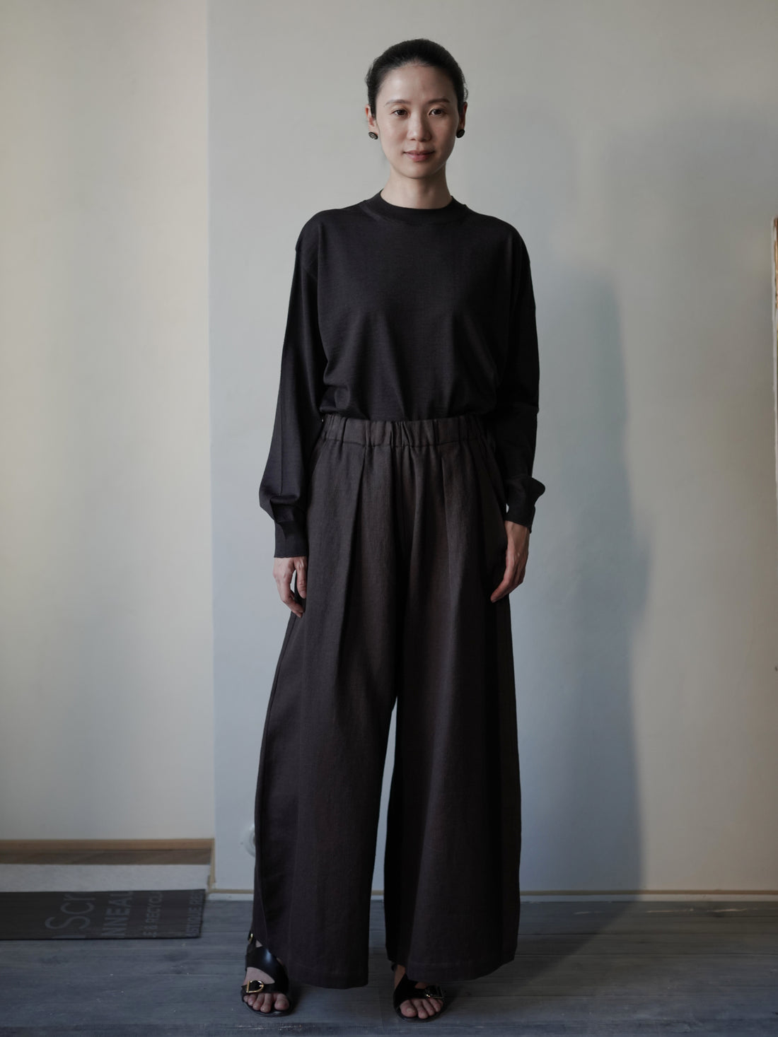 Mona 亞麻羊毛寬腿褲・勃根地棕