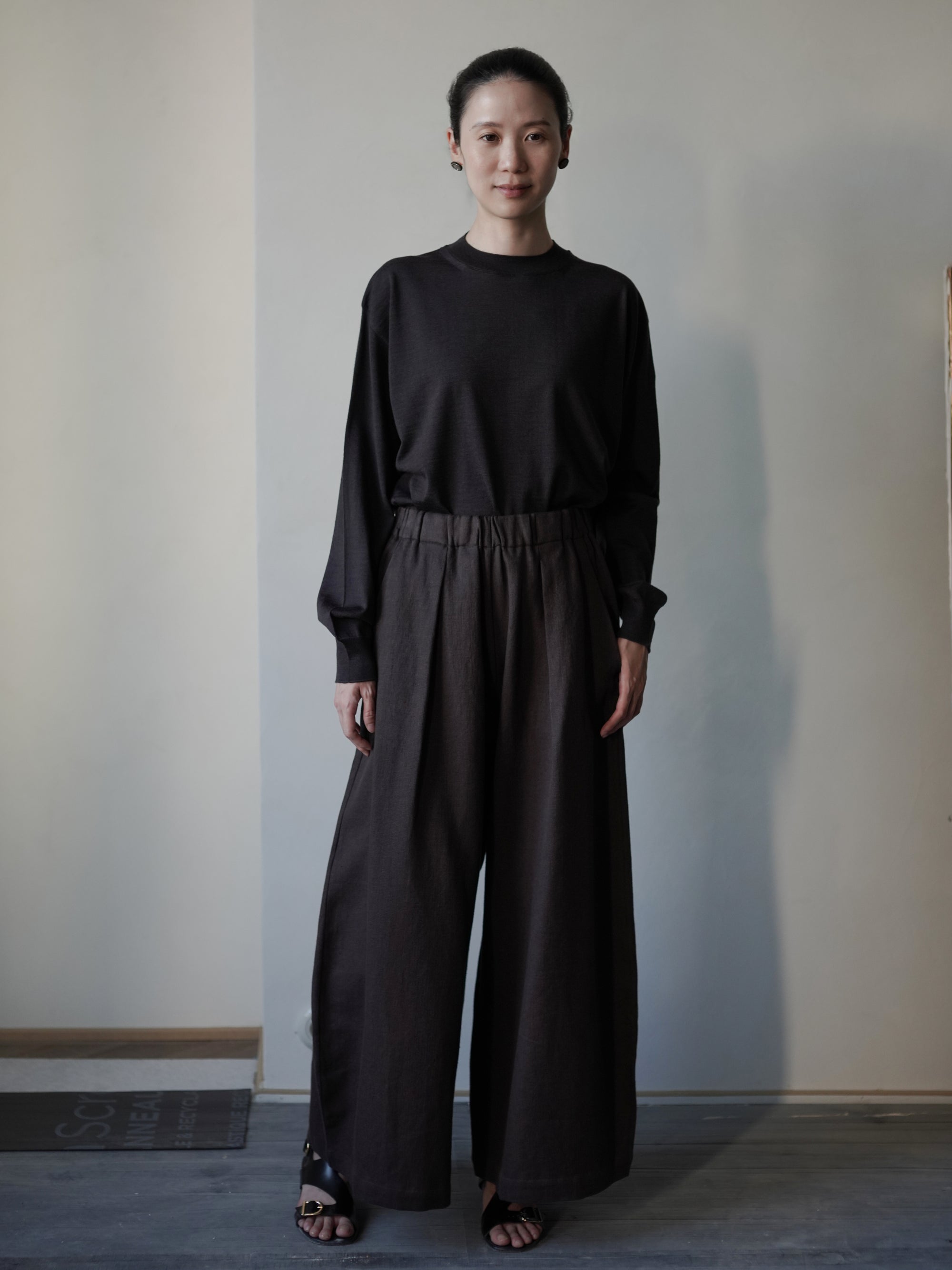 Mona 亞麻羊毛寬腿褲・勃根地棕