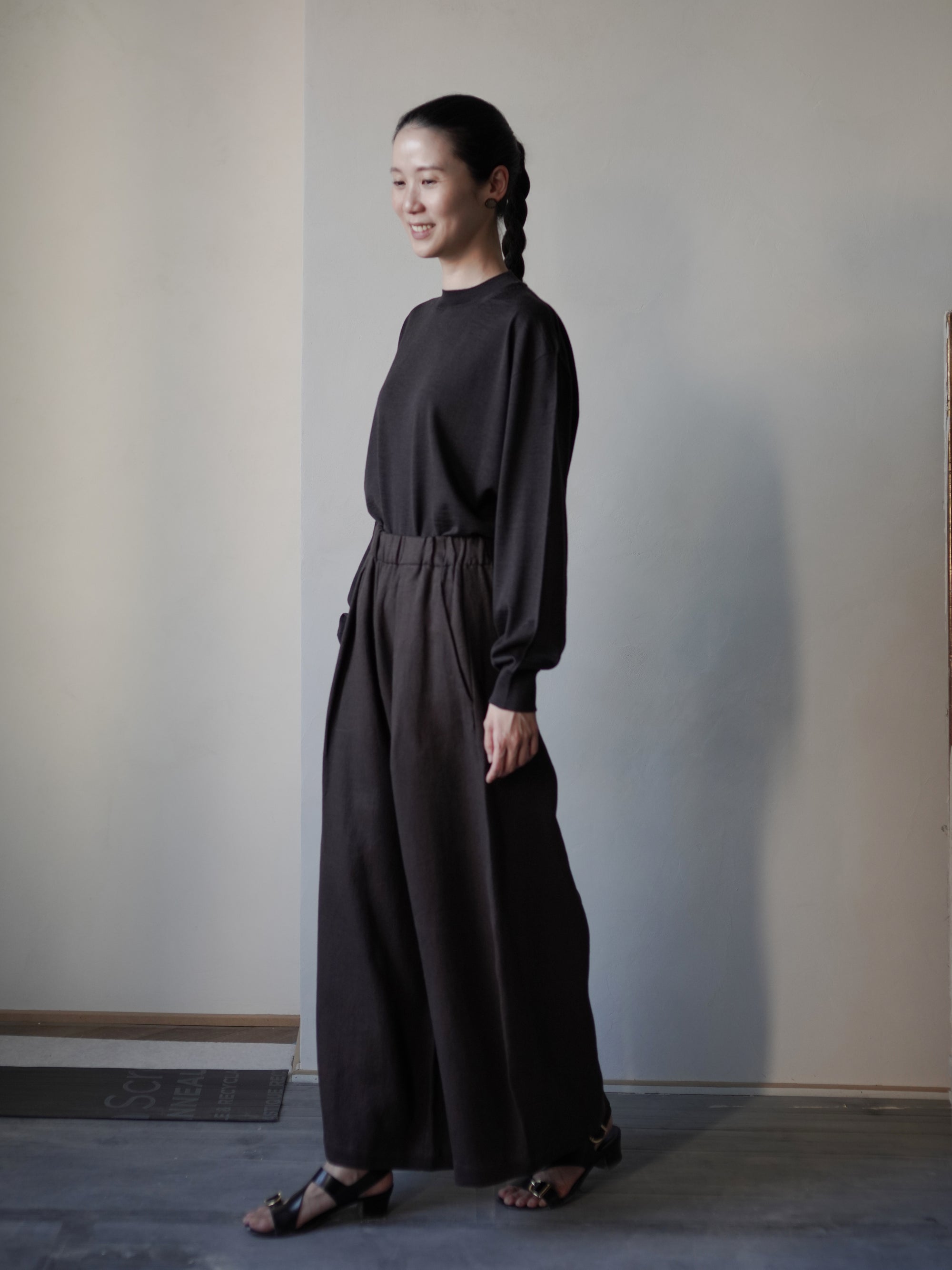 Mona 亞麻羊毛寬腿褲・勃根地棕