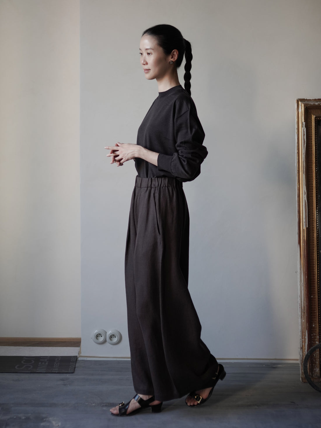 Mona 亞麻羊毛寬腿褲・勃根地棕