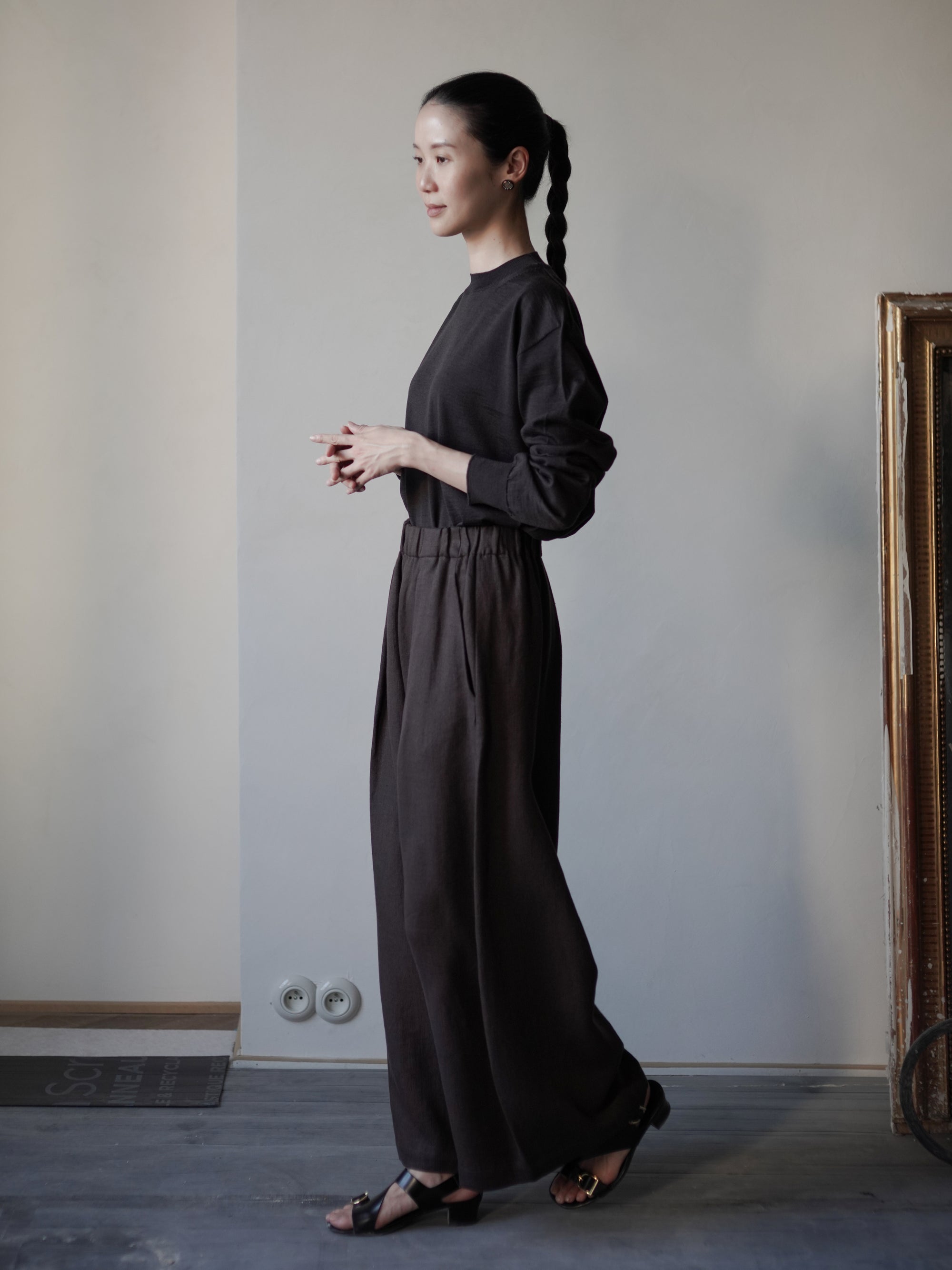 Mona 亞麻羊毛寬腿褲・勃根地棕