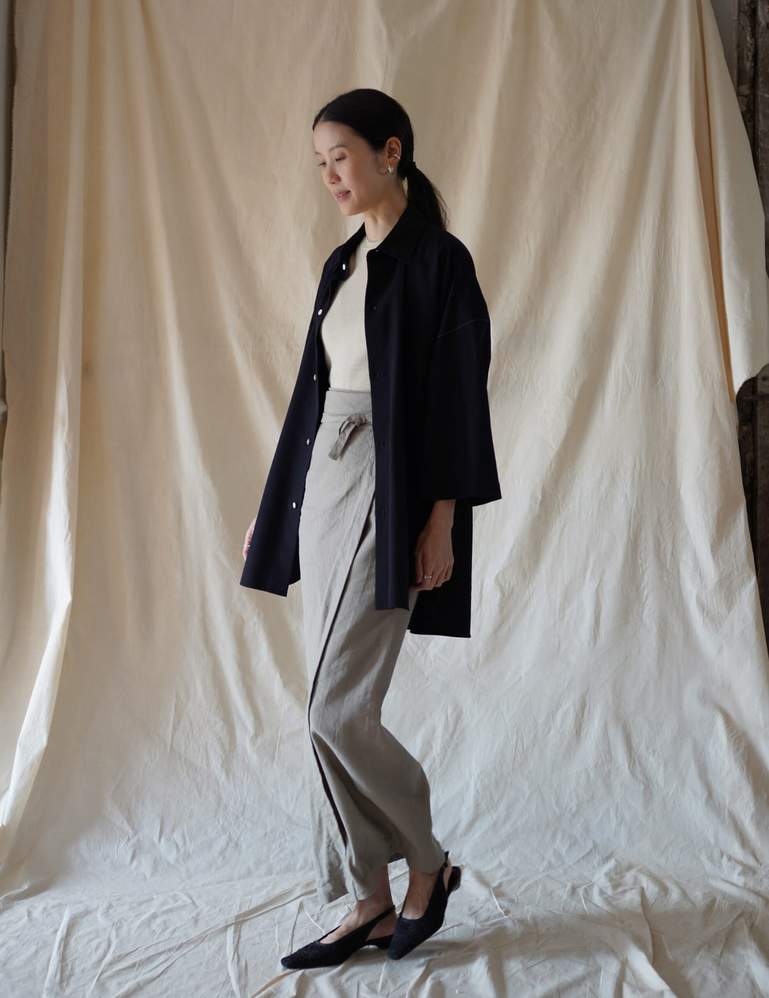 3/4 Sleeve Wool Shirt・Midnight