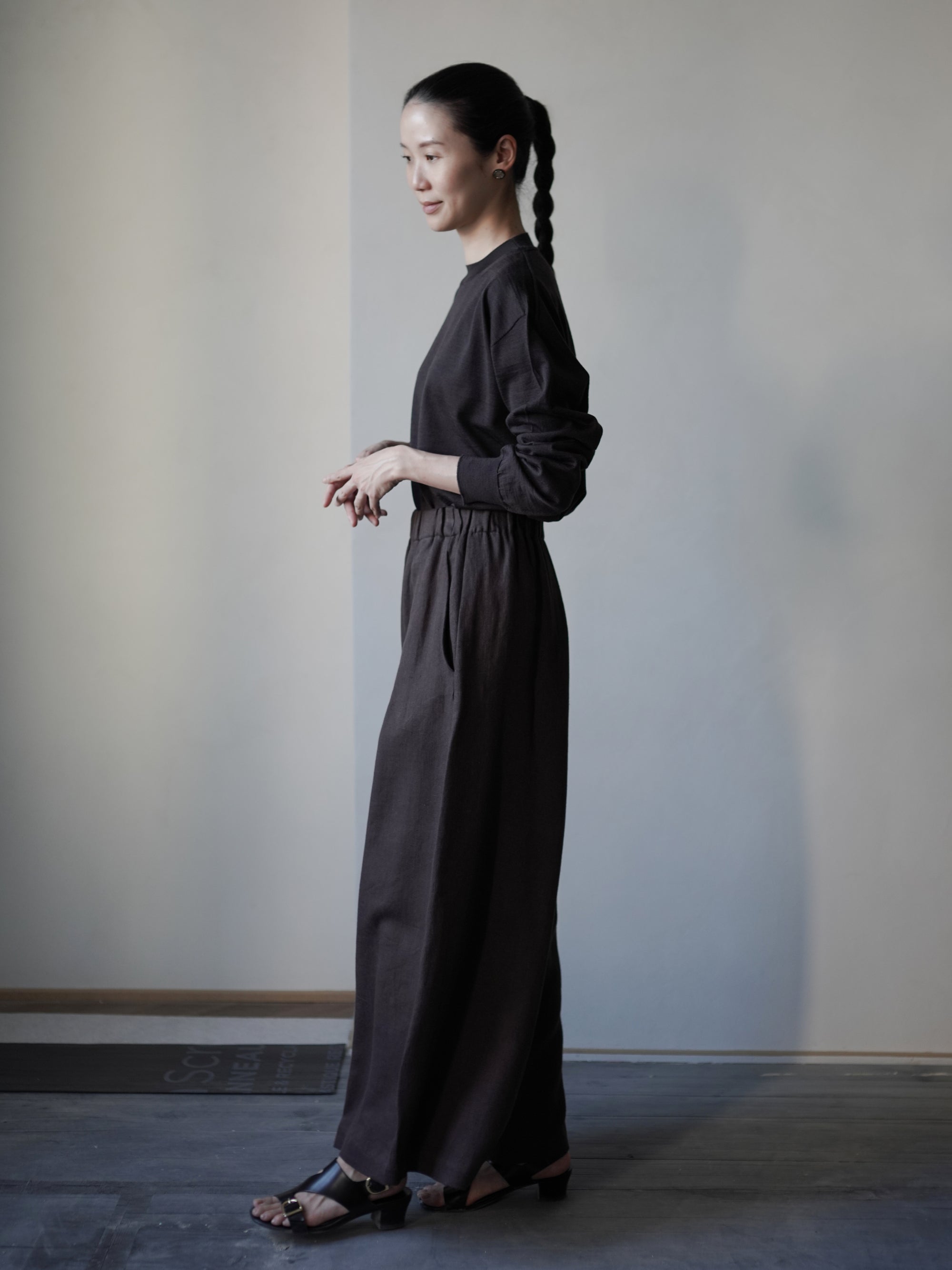 Mona 亞麻羊毛寬腿褲・勃根地棕