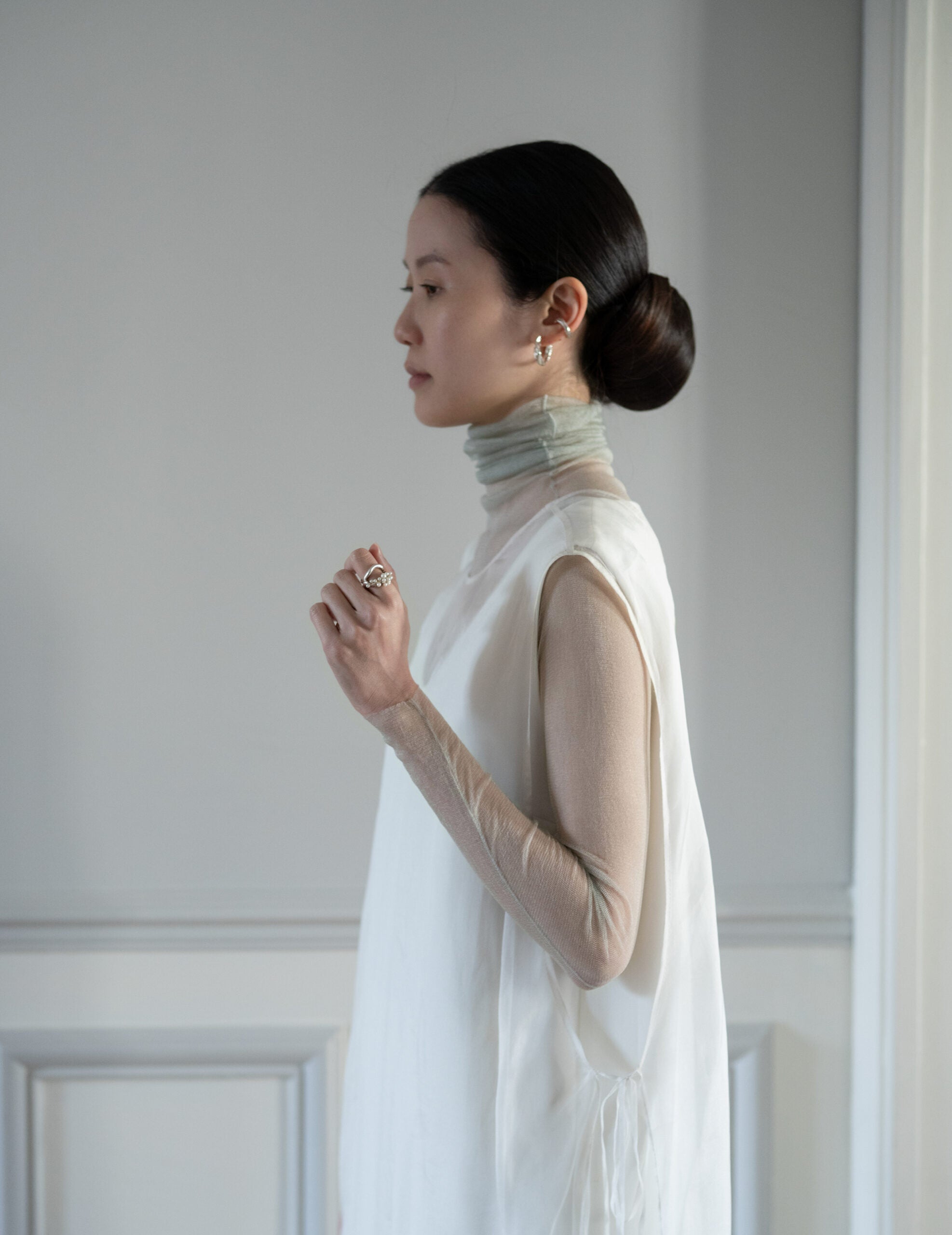 Cisne 真絲薄紗高領內搭・鉑金灰色