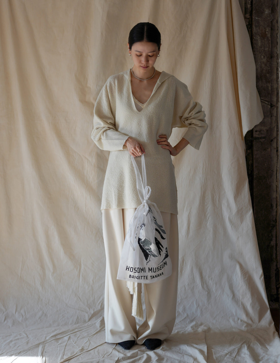 Hosomi Museum Embroidered Transparent Organza Bag・White