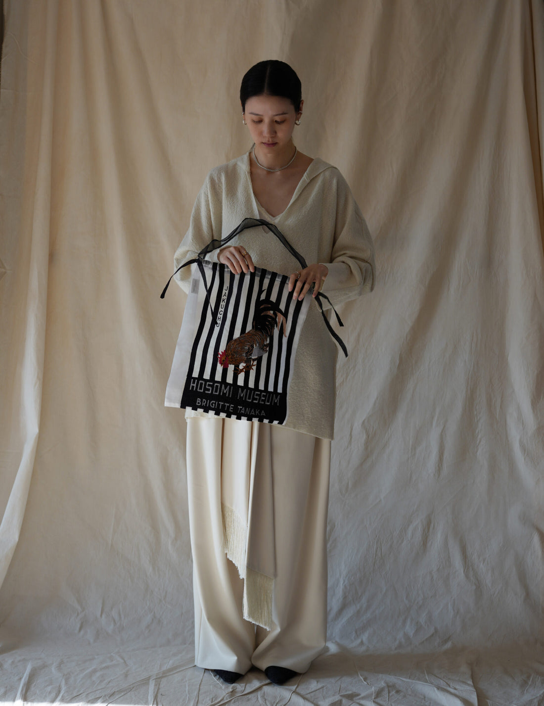 Hosomi Museum Embroidered Transparent Organza Bag・Black & White