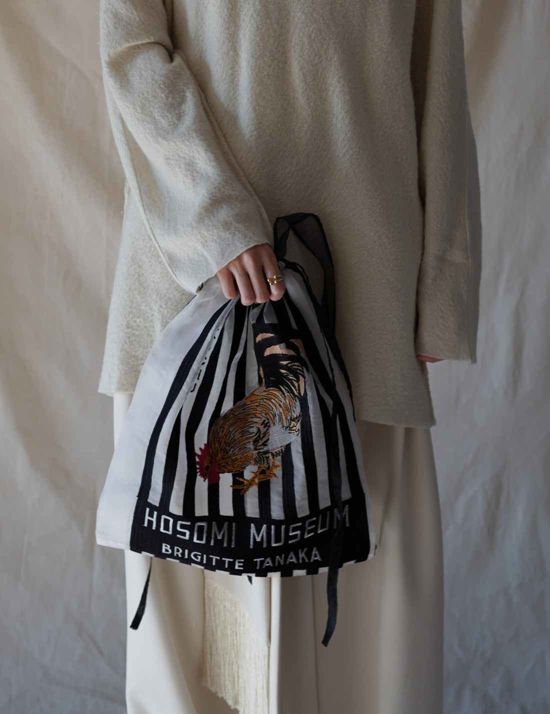 Hosomi Museum Embroidered Transparent Organza Bag・Black & White