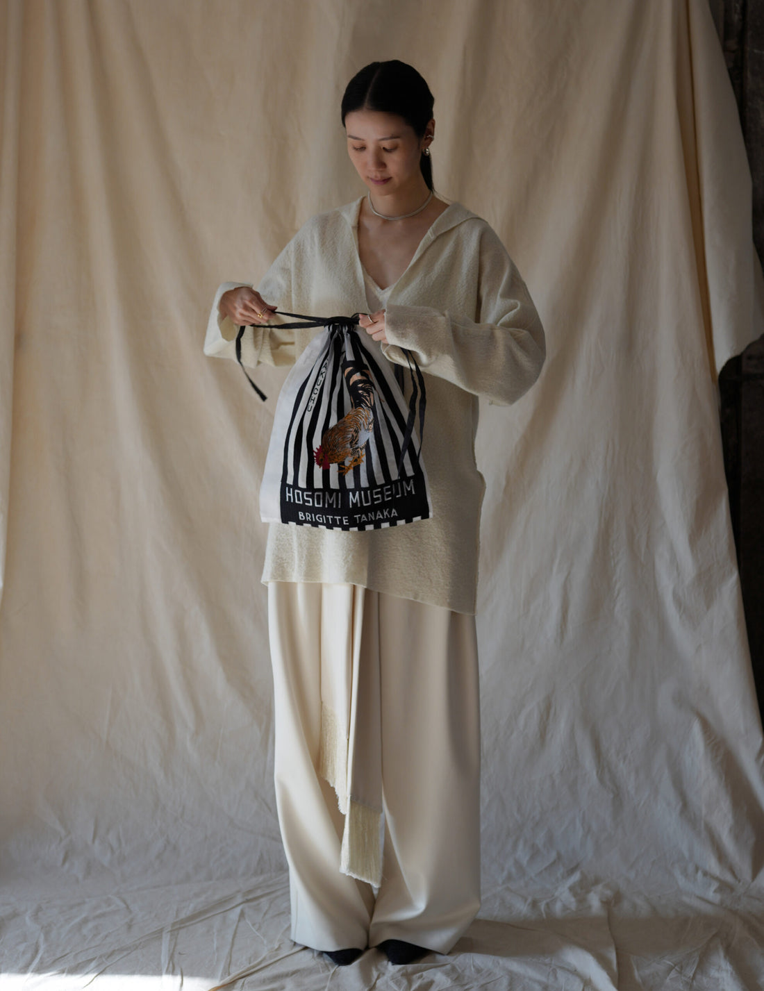 Hosomi Museum Embroidered Transparent Organza Bag・Black & White