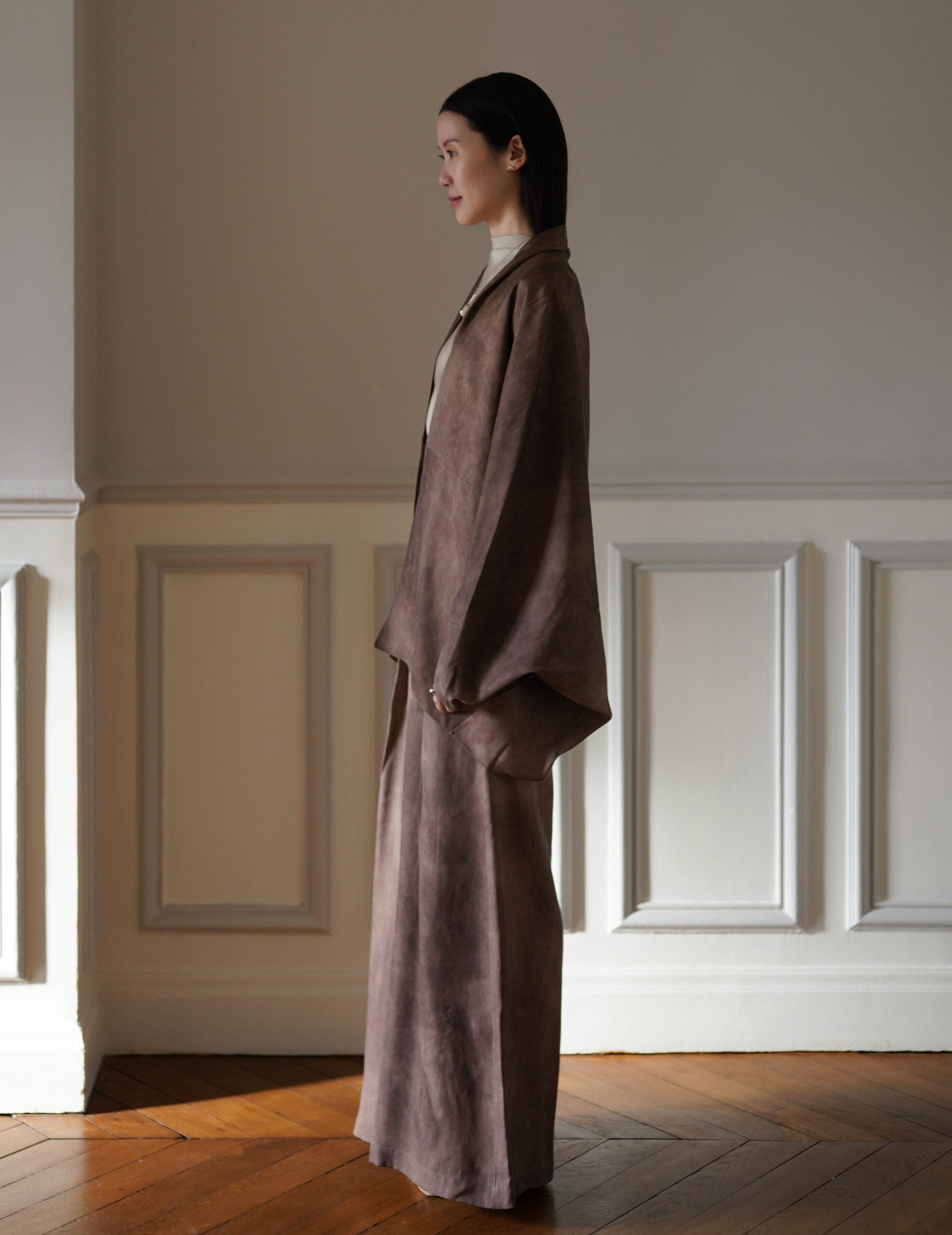 Opalo 缎面繭型外套・可可色