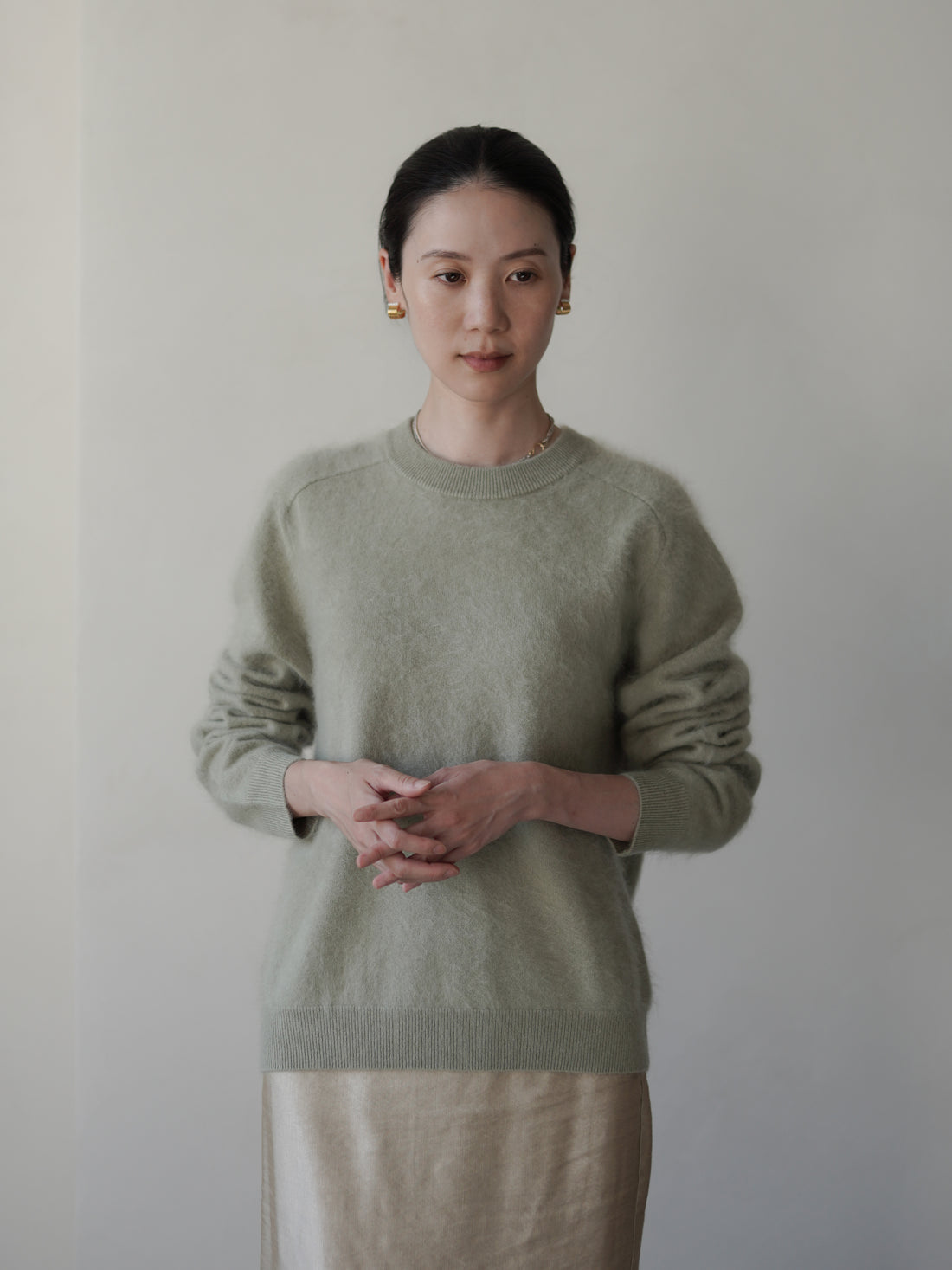 Brushed Cashmere Blend Knit Sweater・Sage Green