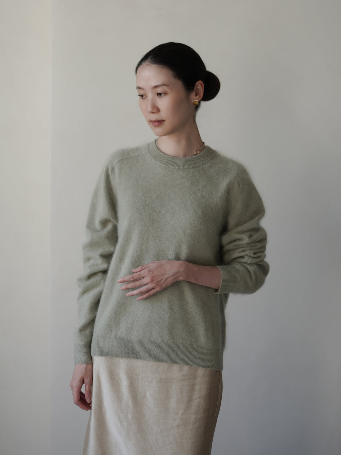 Brushed Cashmere Blend Knit Sweater・Sage Green