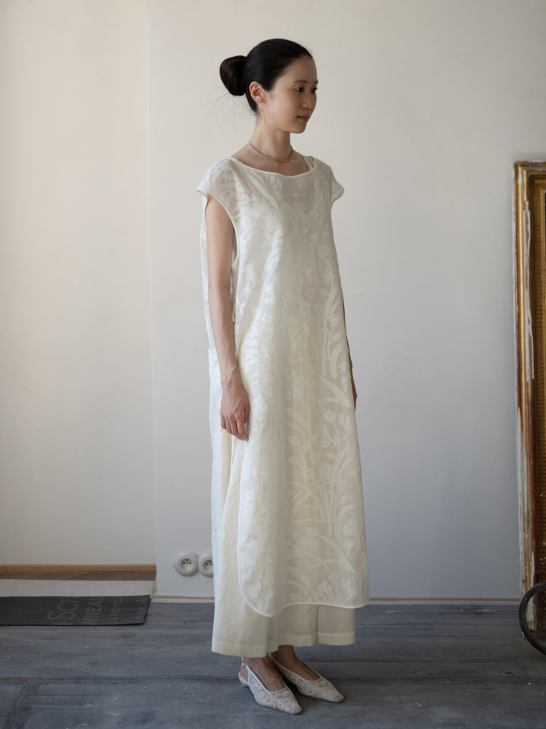 Washi Print Sleeveless Sheer Dress・White