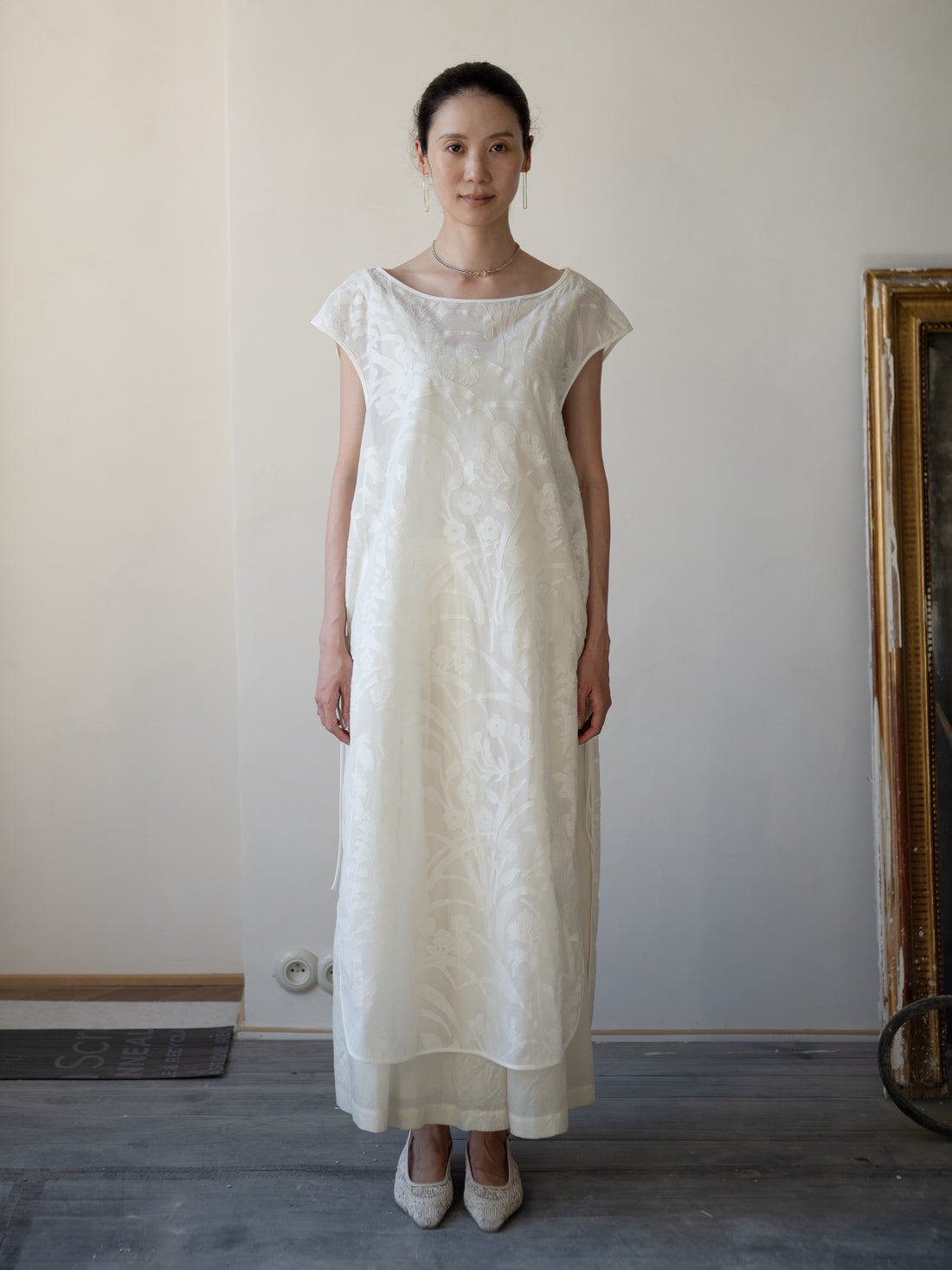 Washi Print Sleeveless Sheer Dress・White