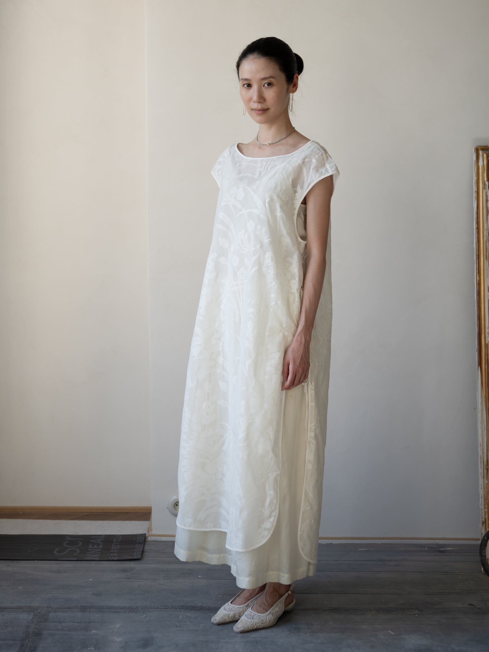 Washi Print Sleeveless Sheer Dress・White