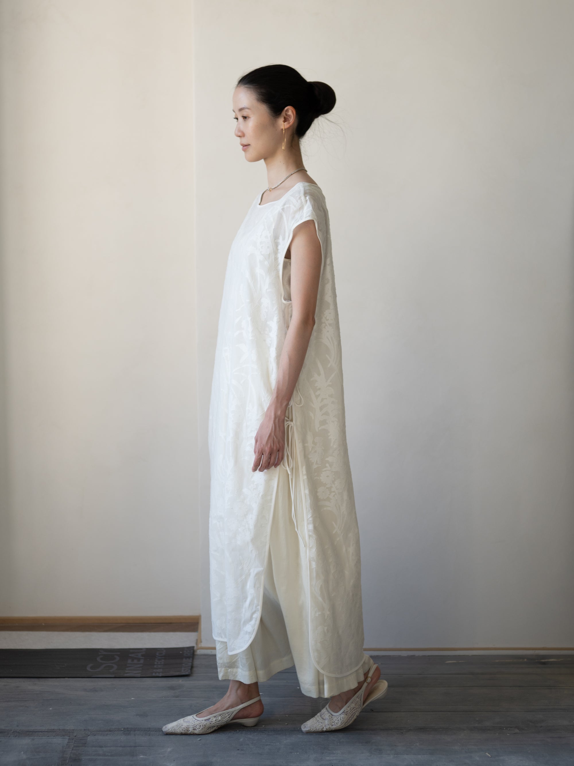 Washi Print Sleeveless Sheer Dress・White