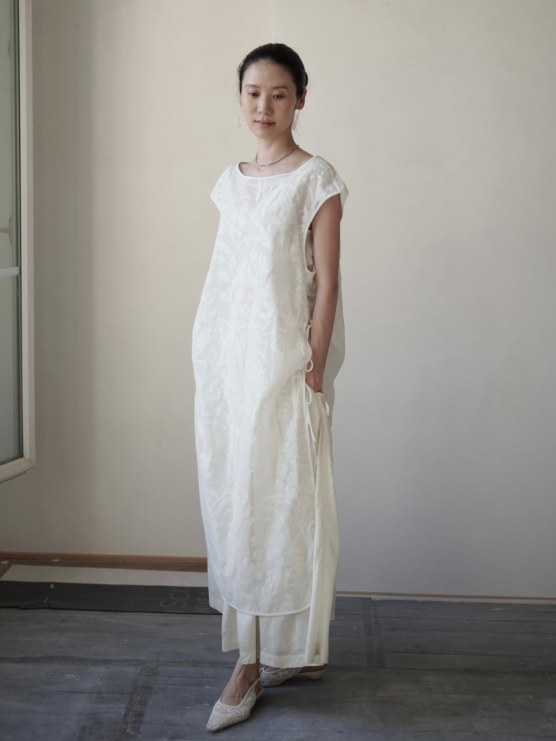 Washi Print Sleeveless Sheer Dress・White
