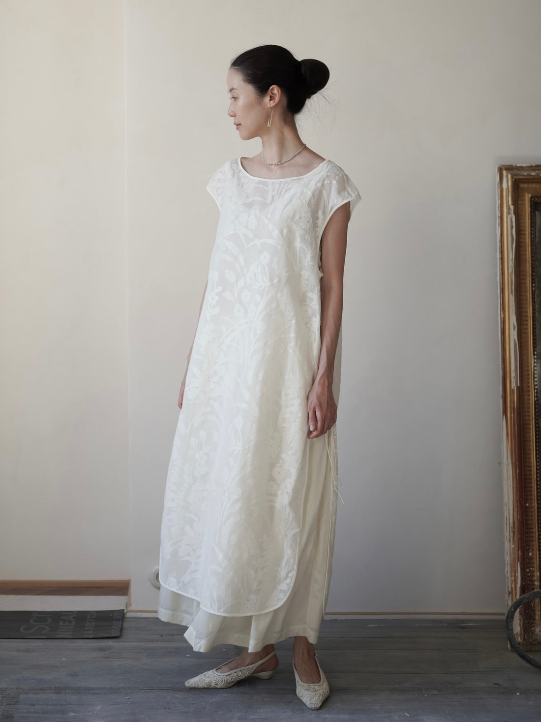 Washi Print Sleeveless Sheer Dress・White