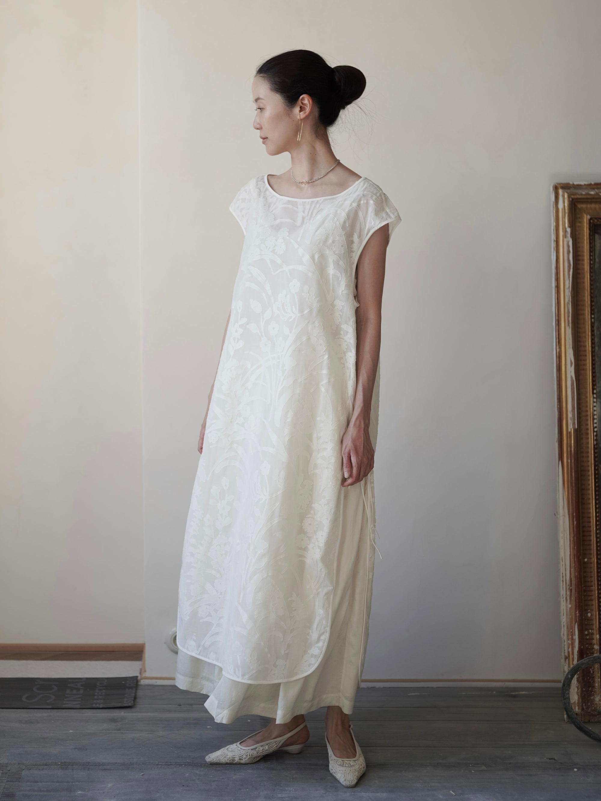 Washi Print Sleeveless Sheer Dress・White